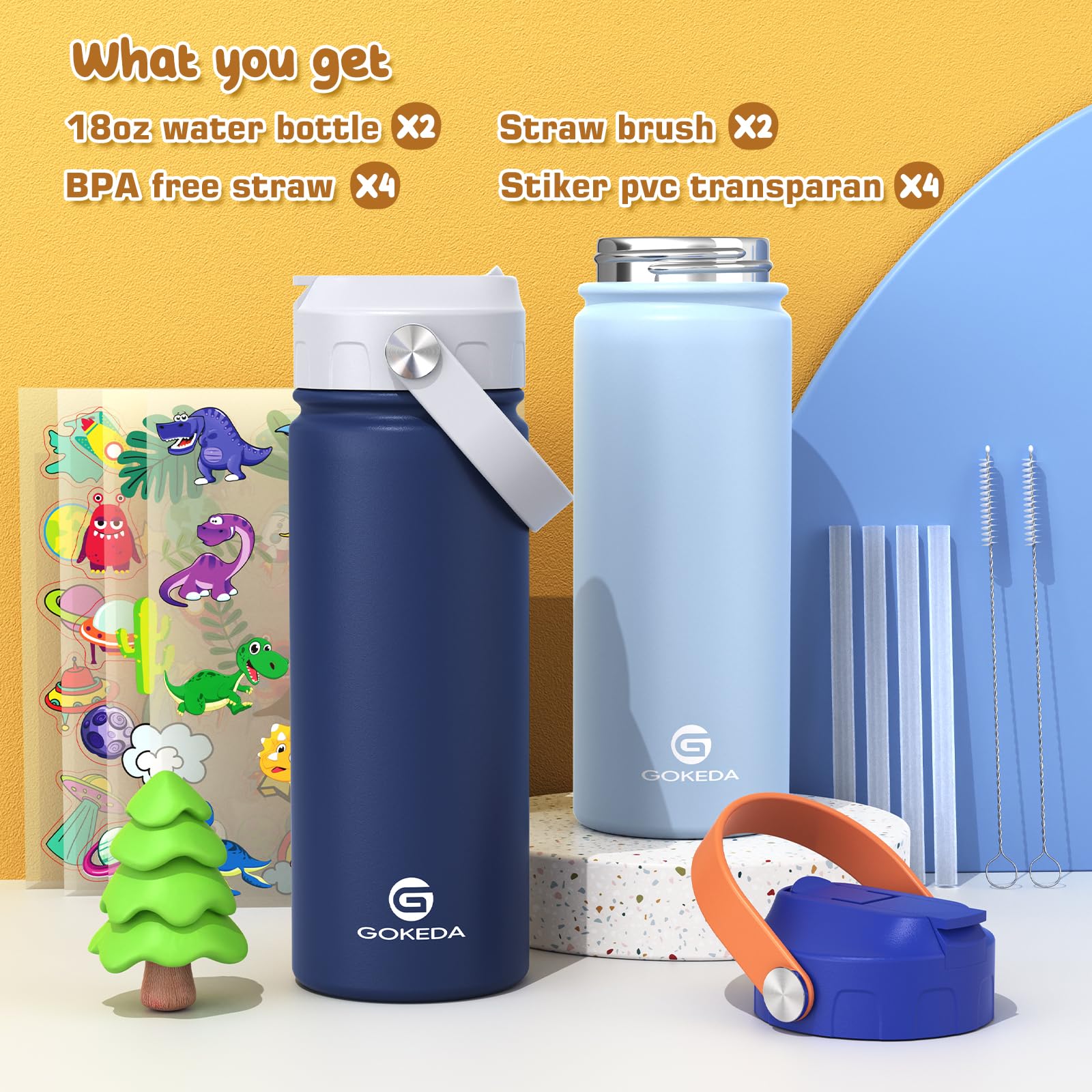 18Oz Kids Water Bottle, 2 Pack Insulated Bottles With Stickers, 18/8 Stainless Steel Vacuum Leak