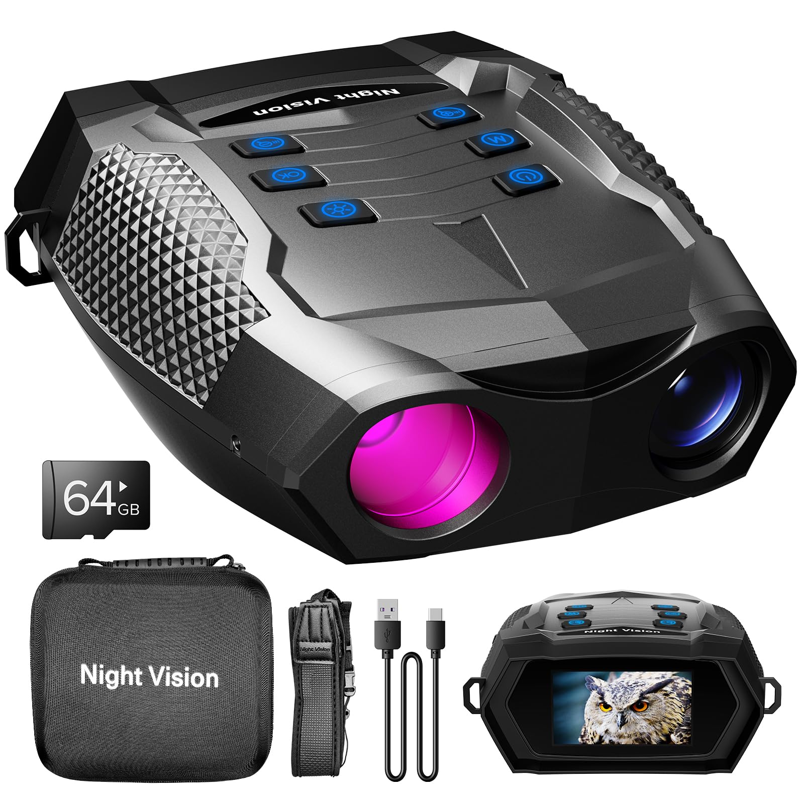 Gibherz Night Vision Goggles - 4K Night Vision Binoculars For Adults, 5000Mah Rechargeable Infrared Binoculars With 3'' Large Screen, 8X Digital Zoom For Camping Hunting & Security
