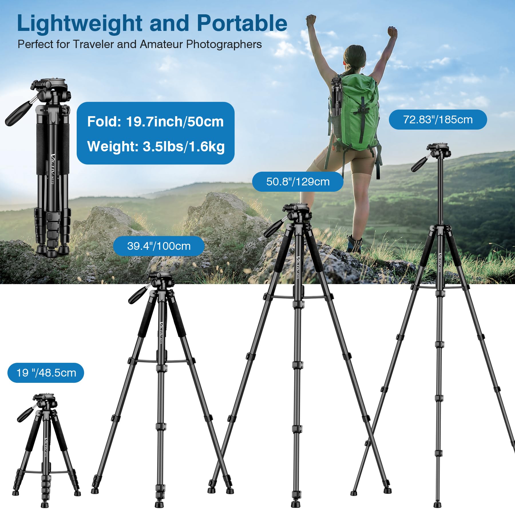 Victiv Tripod For Camera, 72" Tall Camera Tripod Monopod With Remote, Professional Heavy Duty Compact Camera Stand For Phone,Dslr, Spotting Scope, Telescope, Binocular