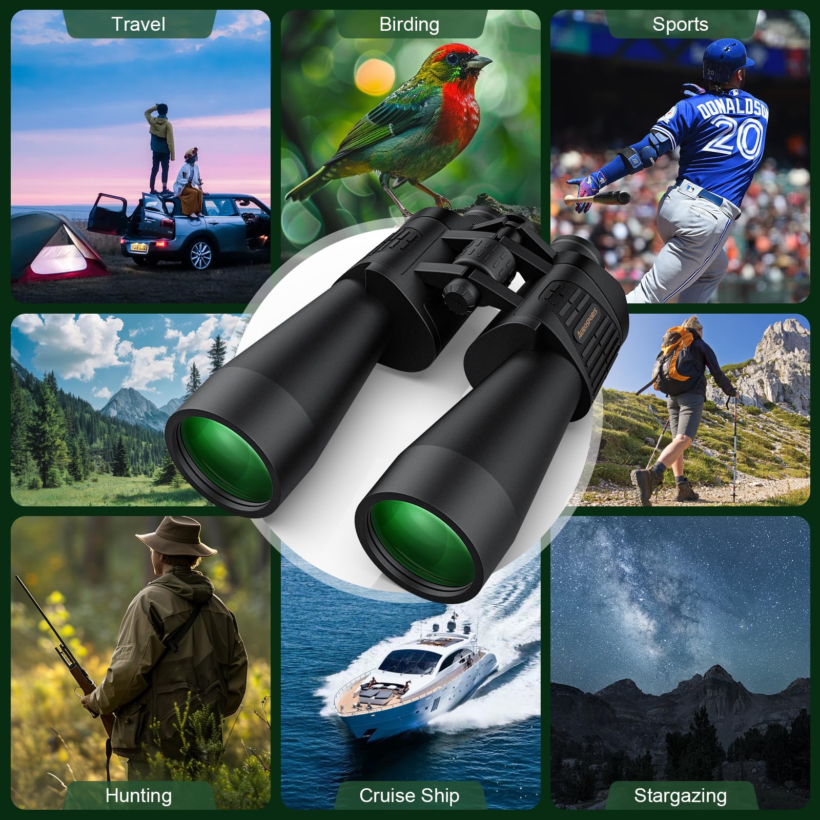 Aurosports 20X70 Binoculars For Adults High Powered - Hd Binoculars With Clear Low Light Vision - Bak4 Prism Large View For Bird Watching Hunting Travel Outdoor Sports Cruise
