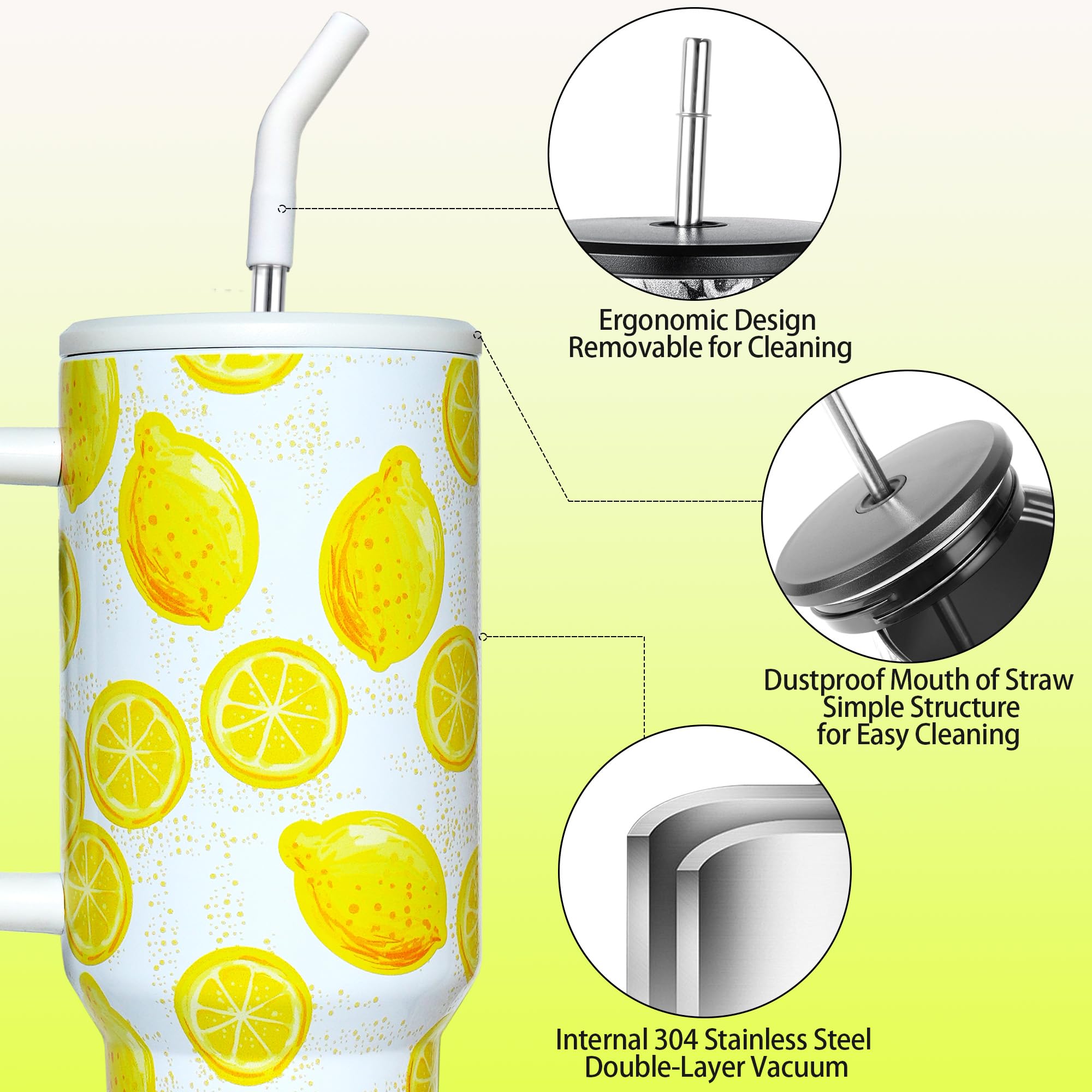 Lemon Tumbler With Straw And Lid Vacuum Insulated 40Oz Stainless Steel Cup For Women Birthday
