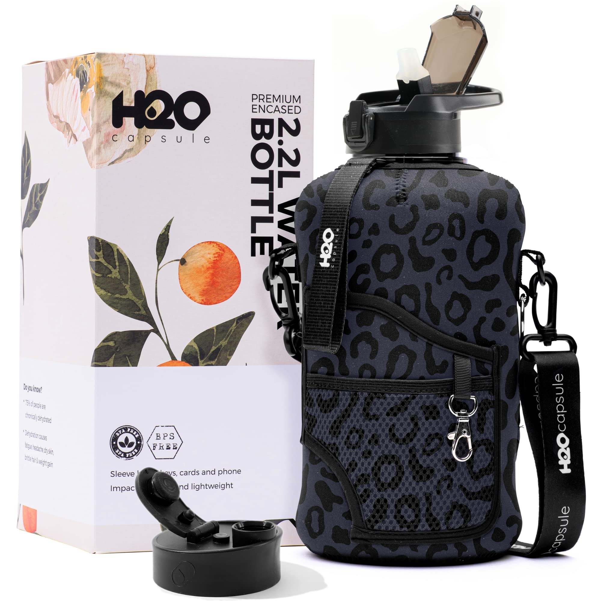 H2O Capsule 2.2L Half Gallon Water Bottle With Storage Sleeve And Removable Straw – Large