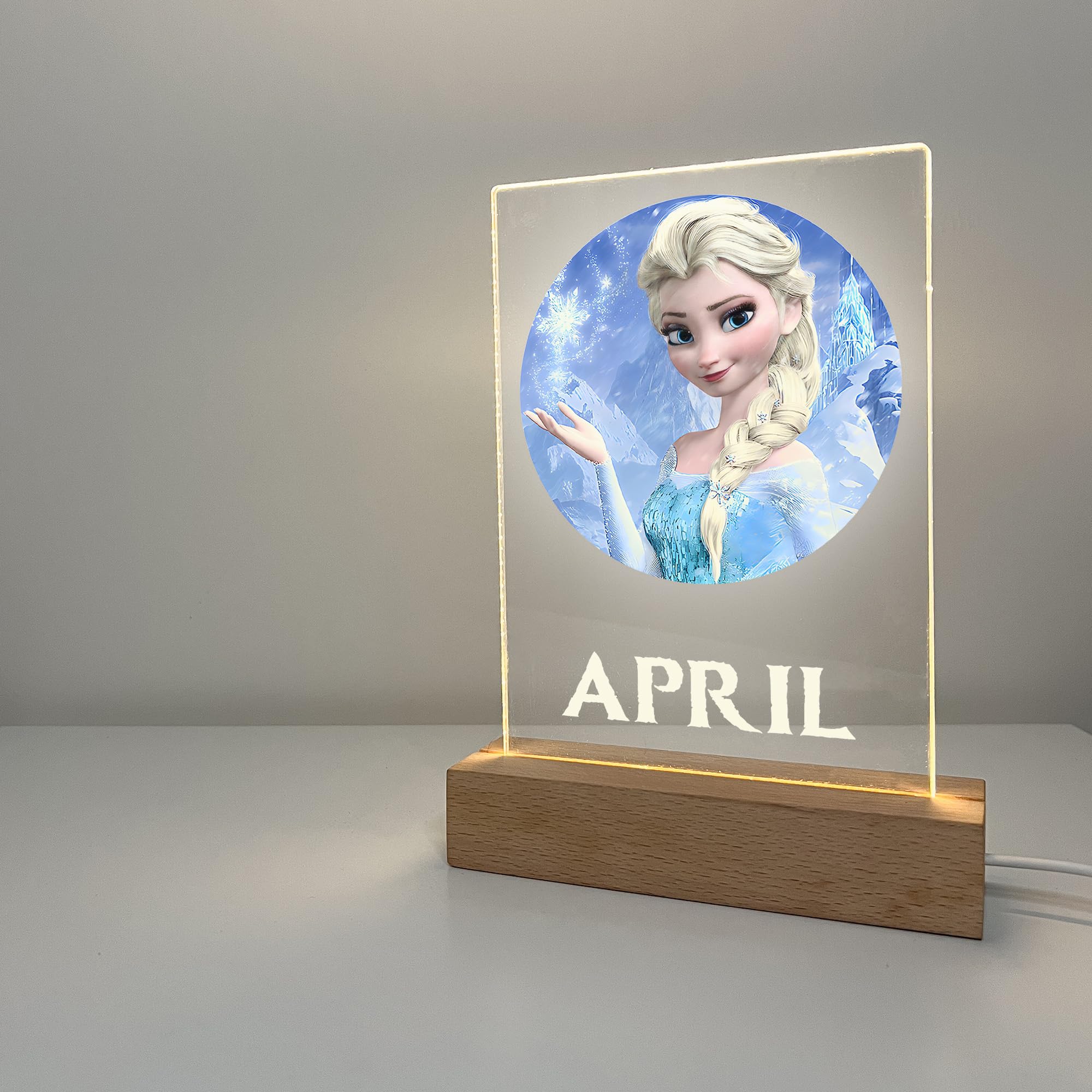 Mirror Mania Frozen Premium Elsa Wood Base Stand Soft Night Light Up Table Desk Lamp Led Princess Sign Personalized Engraved With Your Name On It, Made To Order Home Girls Room Decor, A Must Have