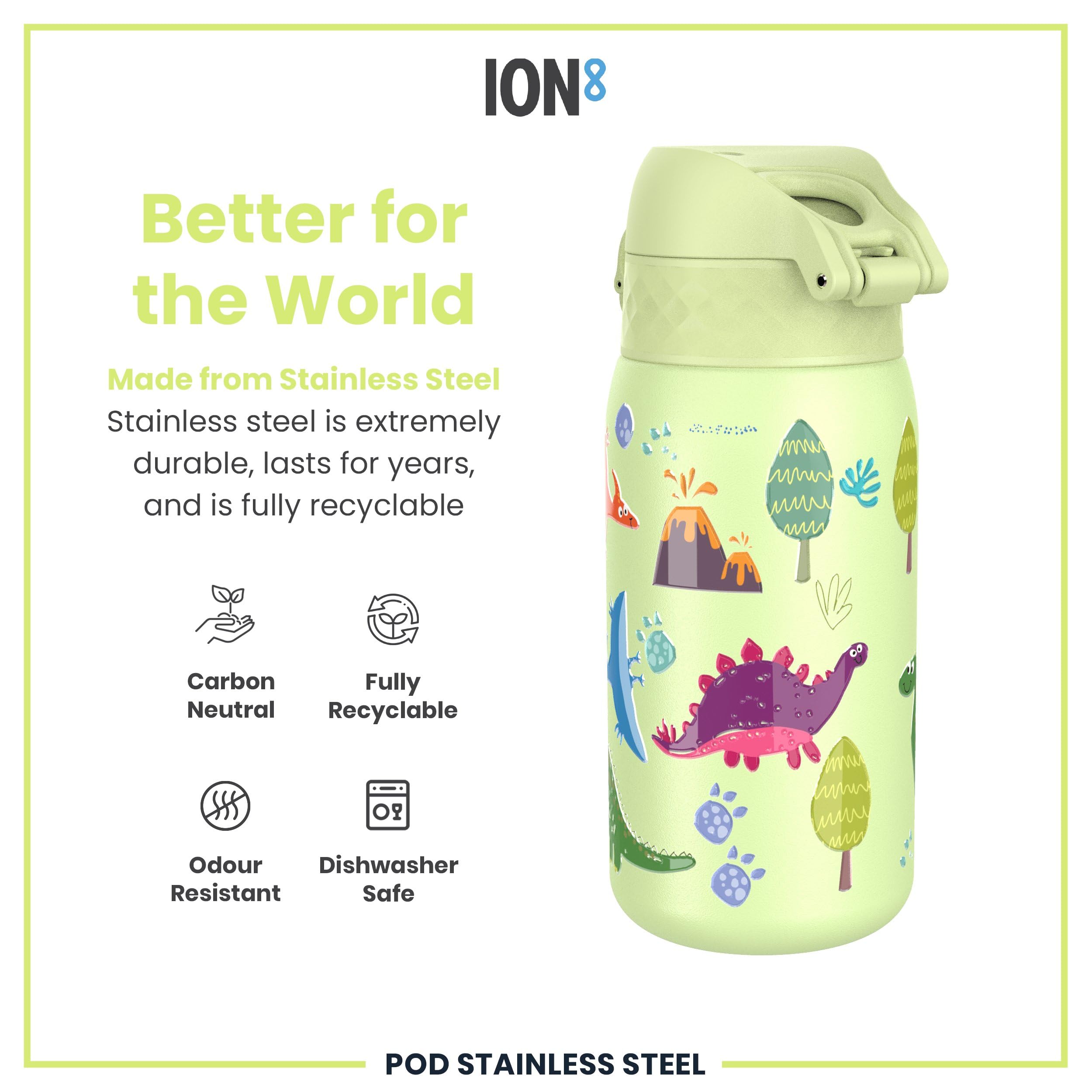 Ion8 Kids Water Bottle, Steel 400 Ml/13 Oz, Leak Proof, Easy To Open, Secure Lock, Dishwasher Safe