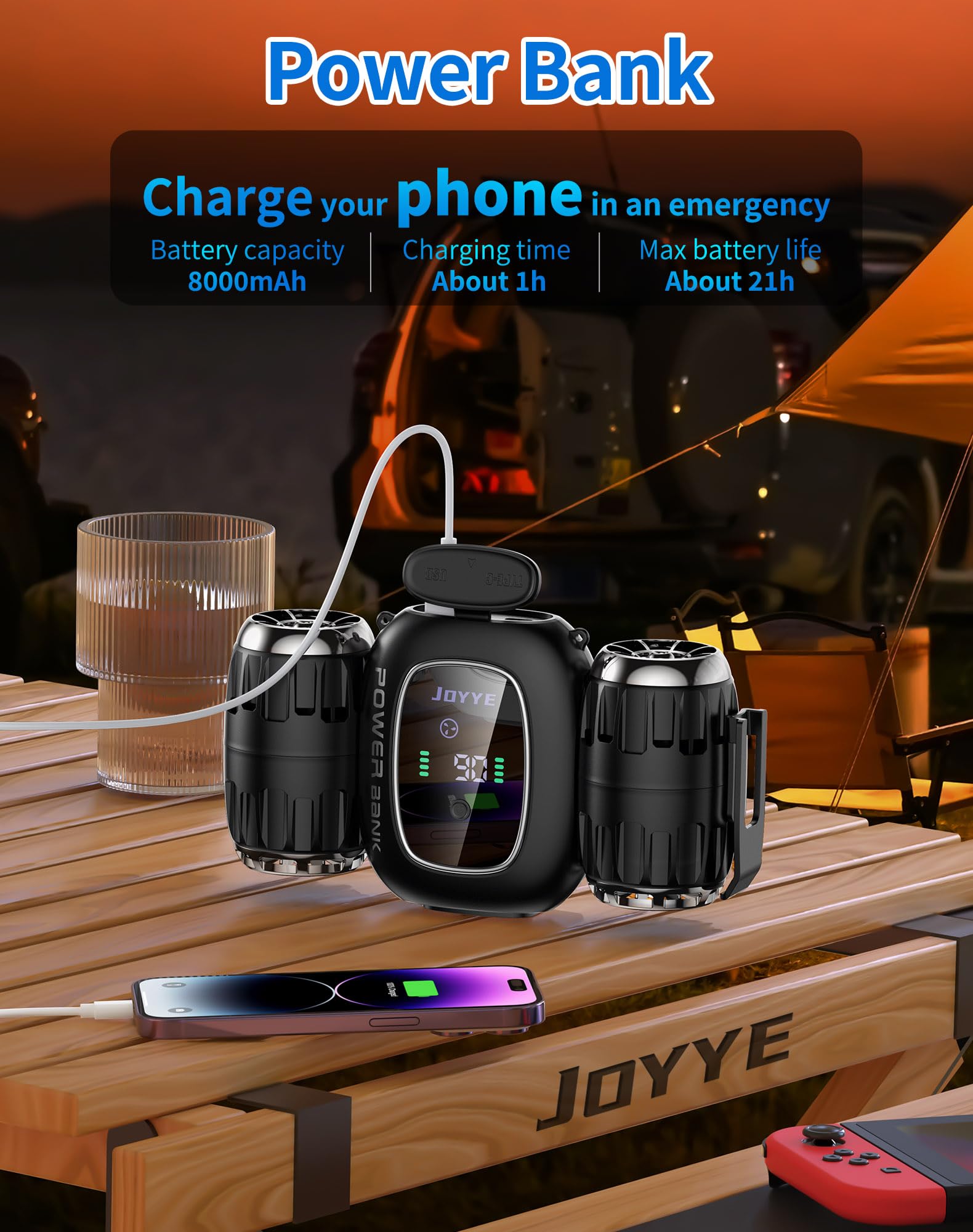 Rechargeable Portable Fan With 8000Mah Battery Power Bank, High Speed Low Noise Turbo Portable Neck