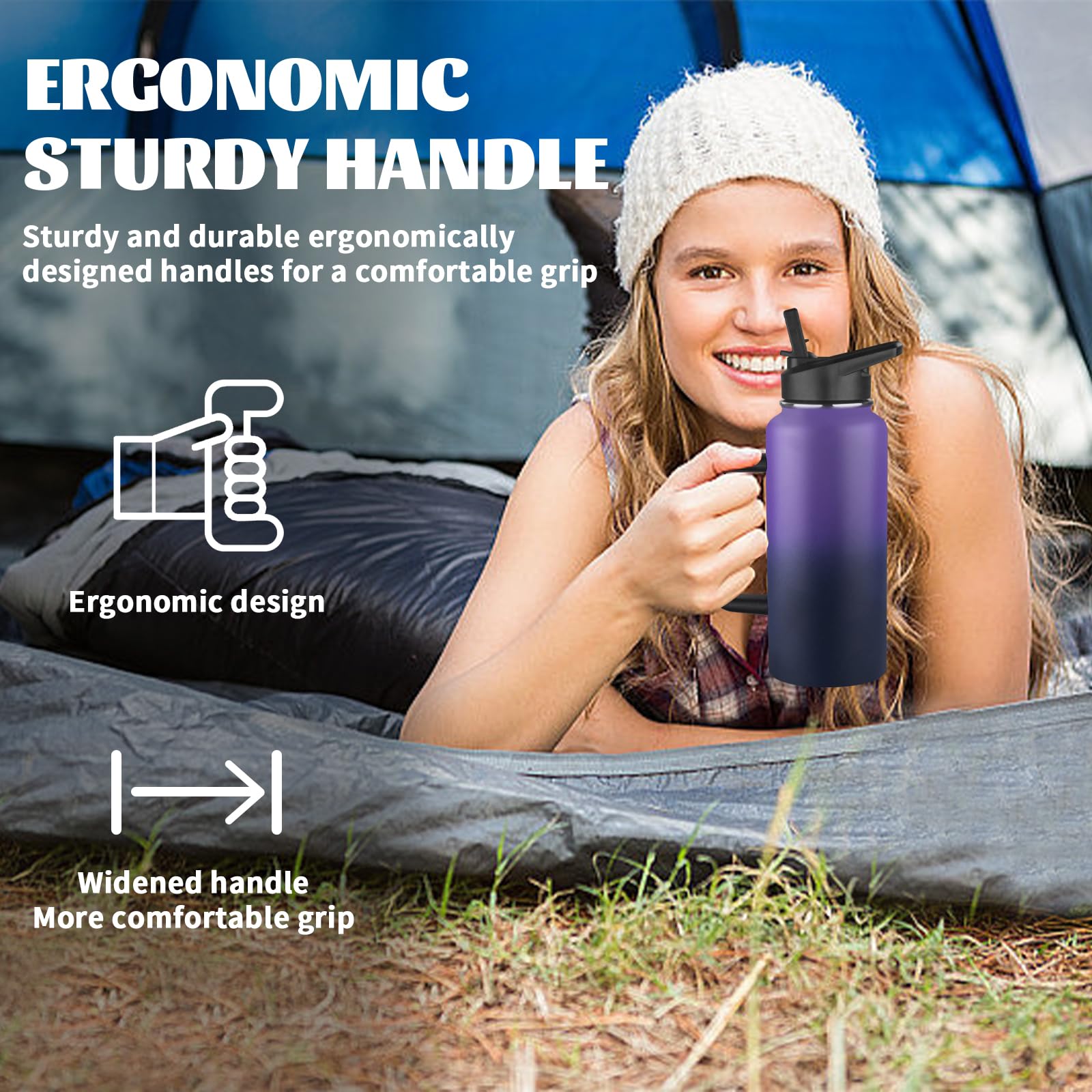 32Oz Insulated Water Bottle With Handle, Stainless Steel Sports Metal Water Flask With Straw