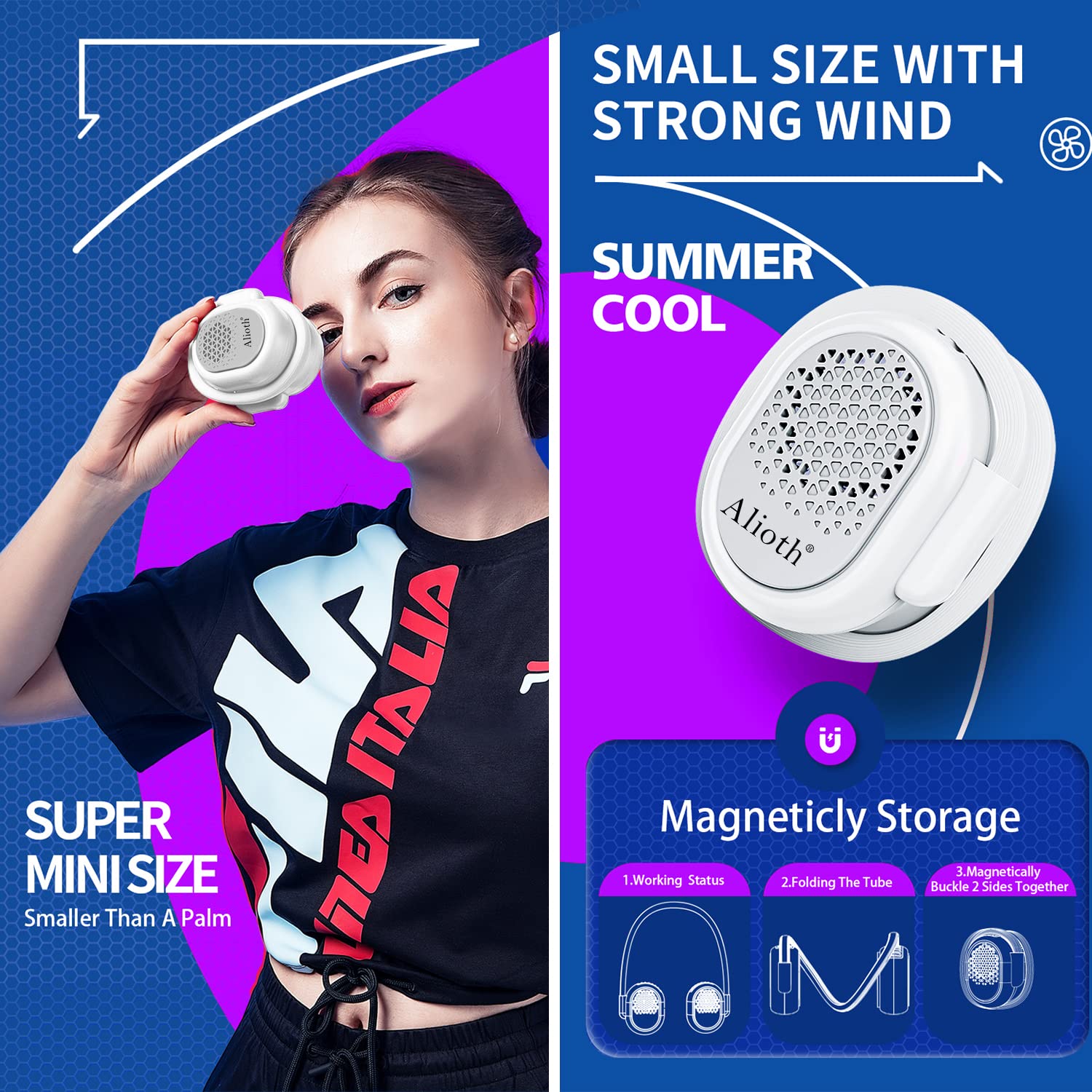 Alioth wearable neck fan, bladeless, 360° rotatable with rechargeable battery for personal comfort on-the-go