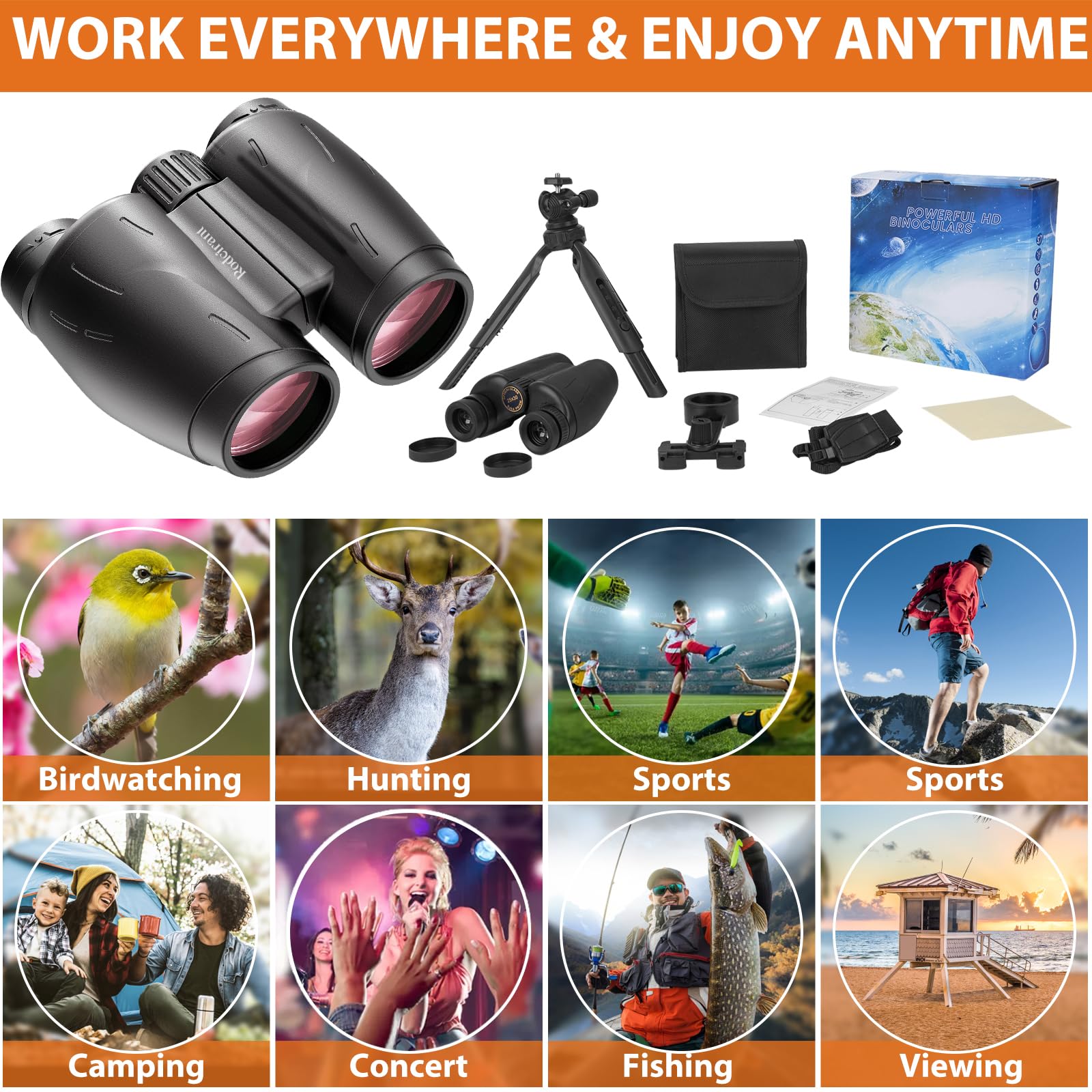 Rodcirant Binoculars 25X30 For Adults With Universal Phone Adapter, Tripod And Tripod Adapter,Large Eyepiece Easy Focus Compact And Waterproof Binoculars For Bird Watching,Hiking And Travel