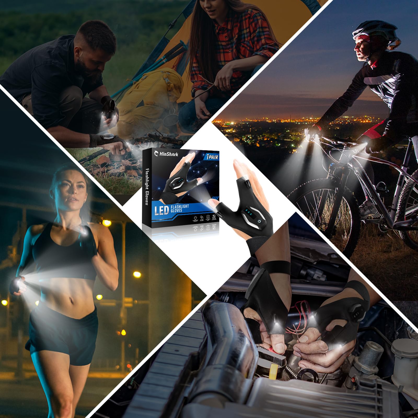 Hinshark Fathers Day Dad  From Daughter Son Wife, Led Flashlight Gloves Rechargeable, Fathers Day Cool  For Dad, Anniversary Birthday Mens  For Men Husband Grandpa, Camping Fishing