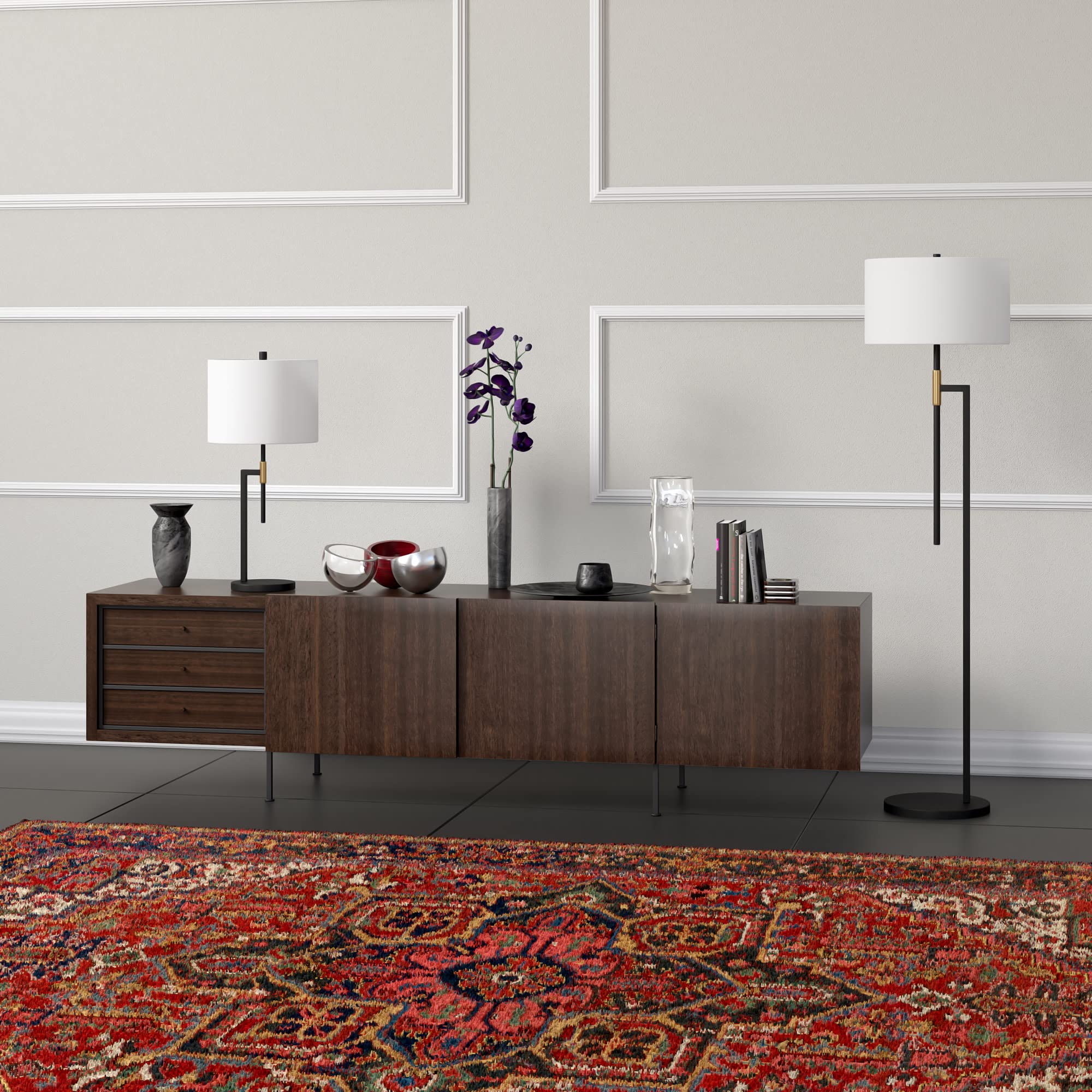 Henn&Hart Nico 25" Tall Table Lamp With Fabric Shade In Matte Black/Brass