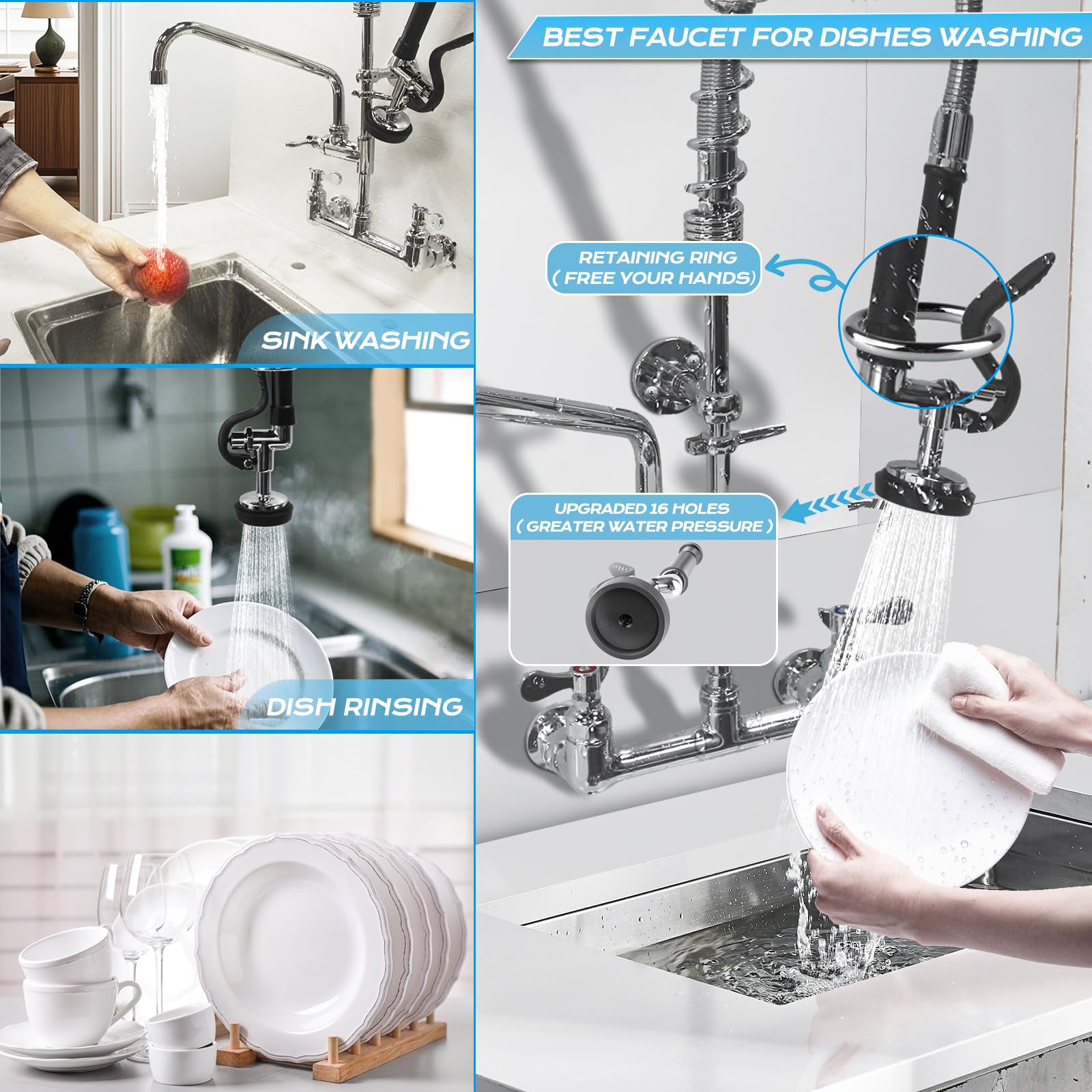 Netisr Commercial Faucet With Sprayer, Brass Chrome Wall Mount Restaurant Kitchen Sink Faucet 25" Height 8" Center With Coilded Spring Pull Down Pre Rinse Sprayer, 12" Spout And 18" Hose (25 Inches)