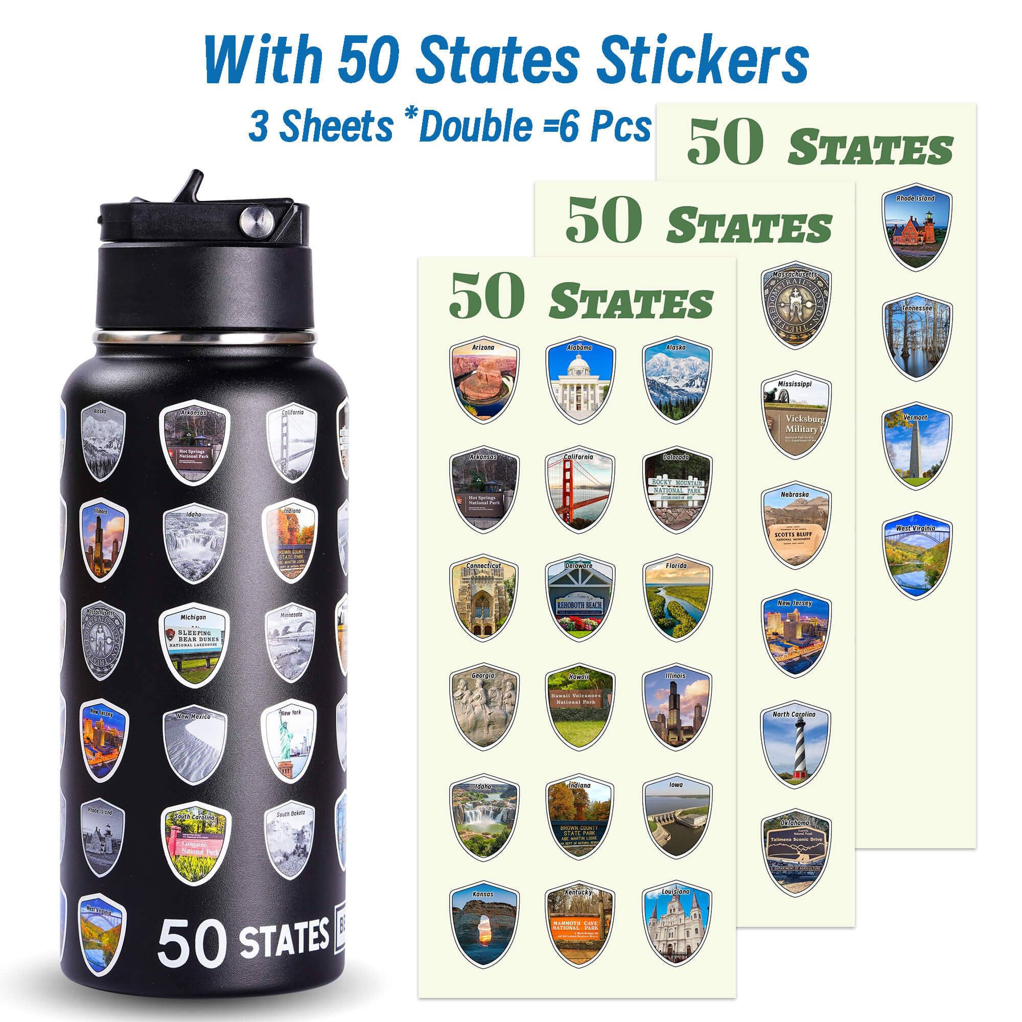 50 States Water Bottle With Stickers, National Parks Water Bottle, Stainless Steel Insulated Bottle