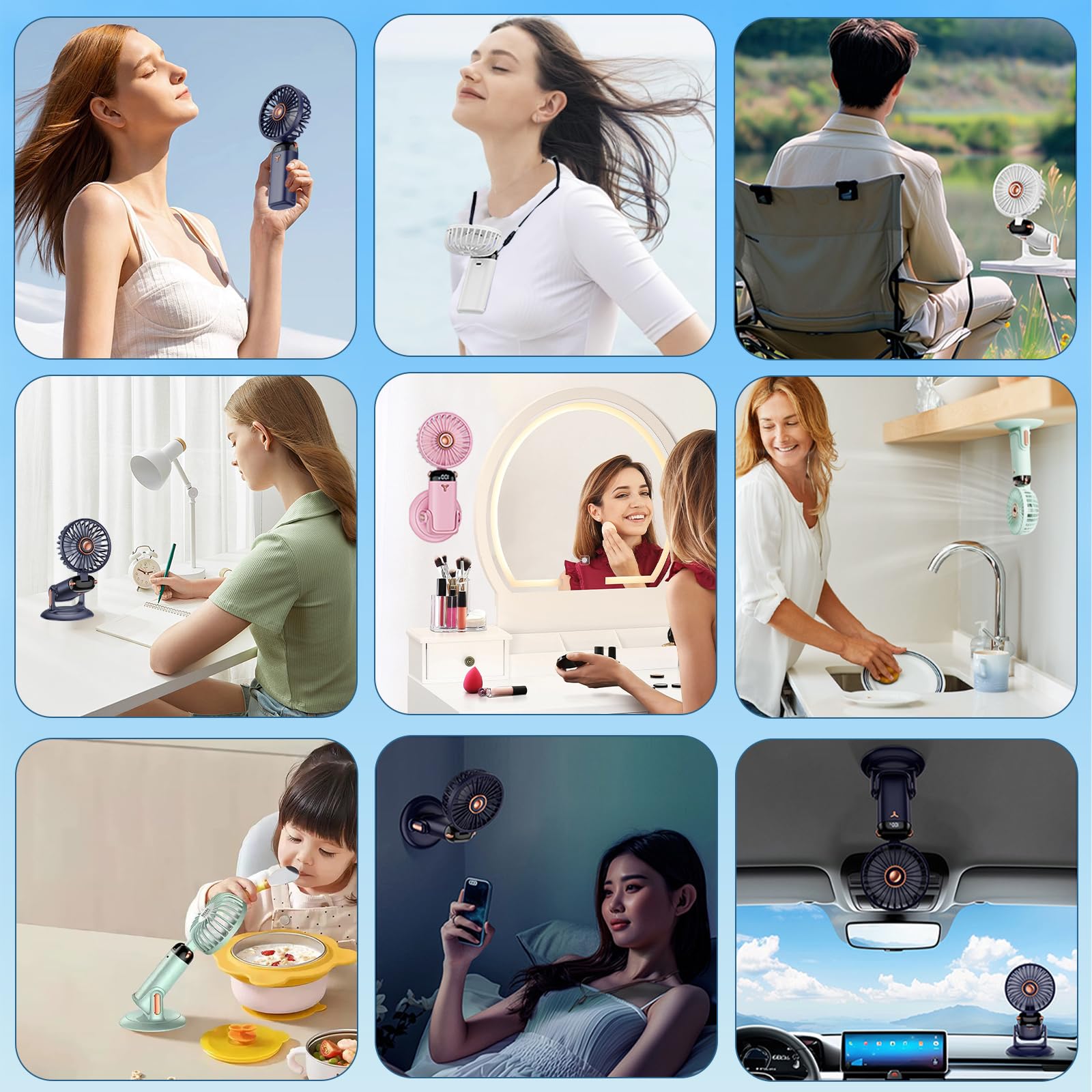 Folding handheld fan with 360° rotation, 5-speed settings, and rechargeable battery Koospark