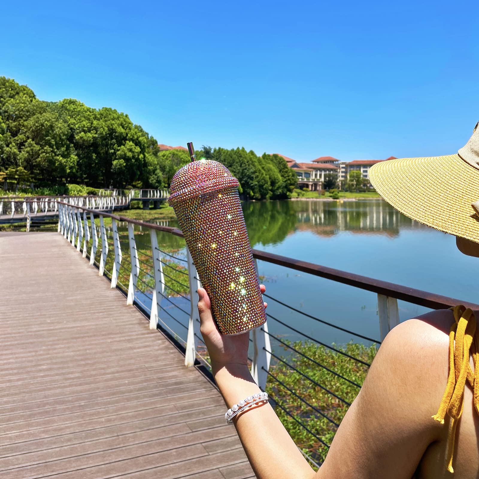 24Oz Bling Cup Handmade Rhinestones Studded Tumbler Double Wall Insulated Plastic Reusable