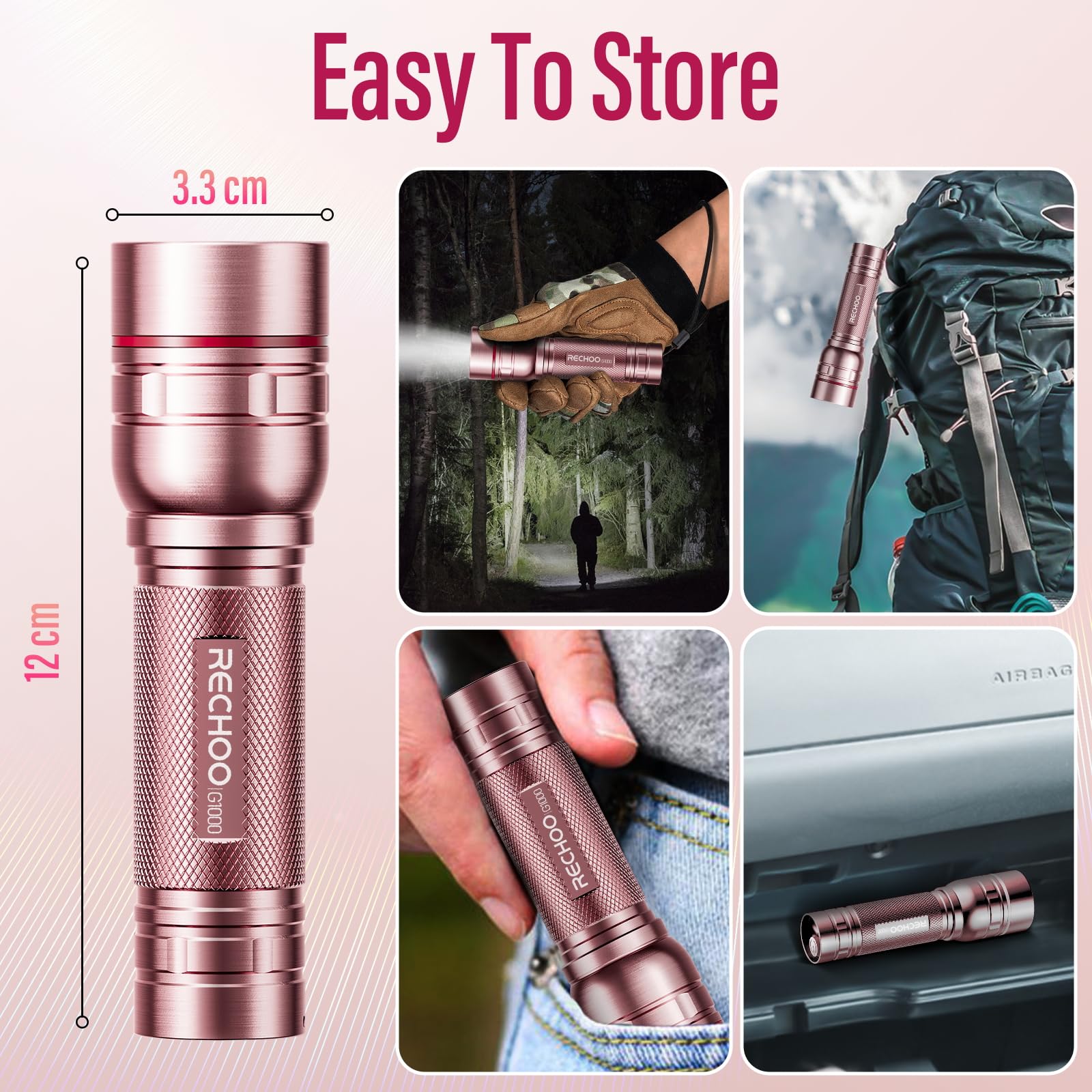 Rechoo Rechargeable Flashlights High Lumens, G1000 Super Bright Flash Light Pink, Small Zoomable Led Flashlight With 3 Lighting Modes, Portable Tactical Flashlight For Camping Essentials,  For Women
