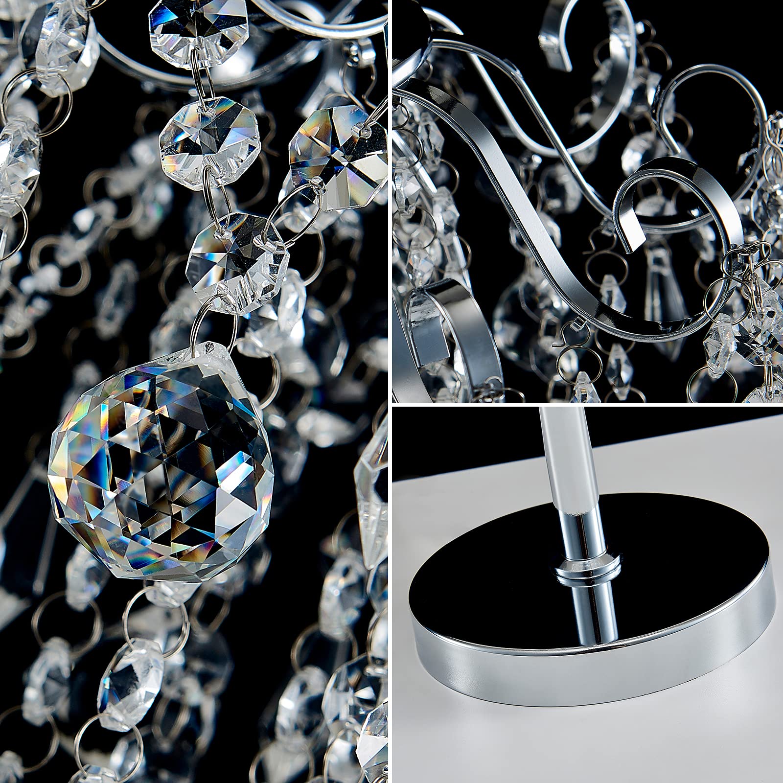 Meixisue Modern Table Lamp Chrome Metal And Clear Crystal Bedside Table Lamp End Table Lamp Nightstand Lamp For Bedroom Living Room Office Desk H20.4'' W11.81'' 1-Light E26