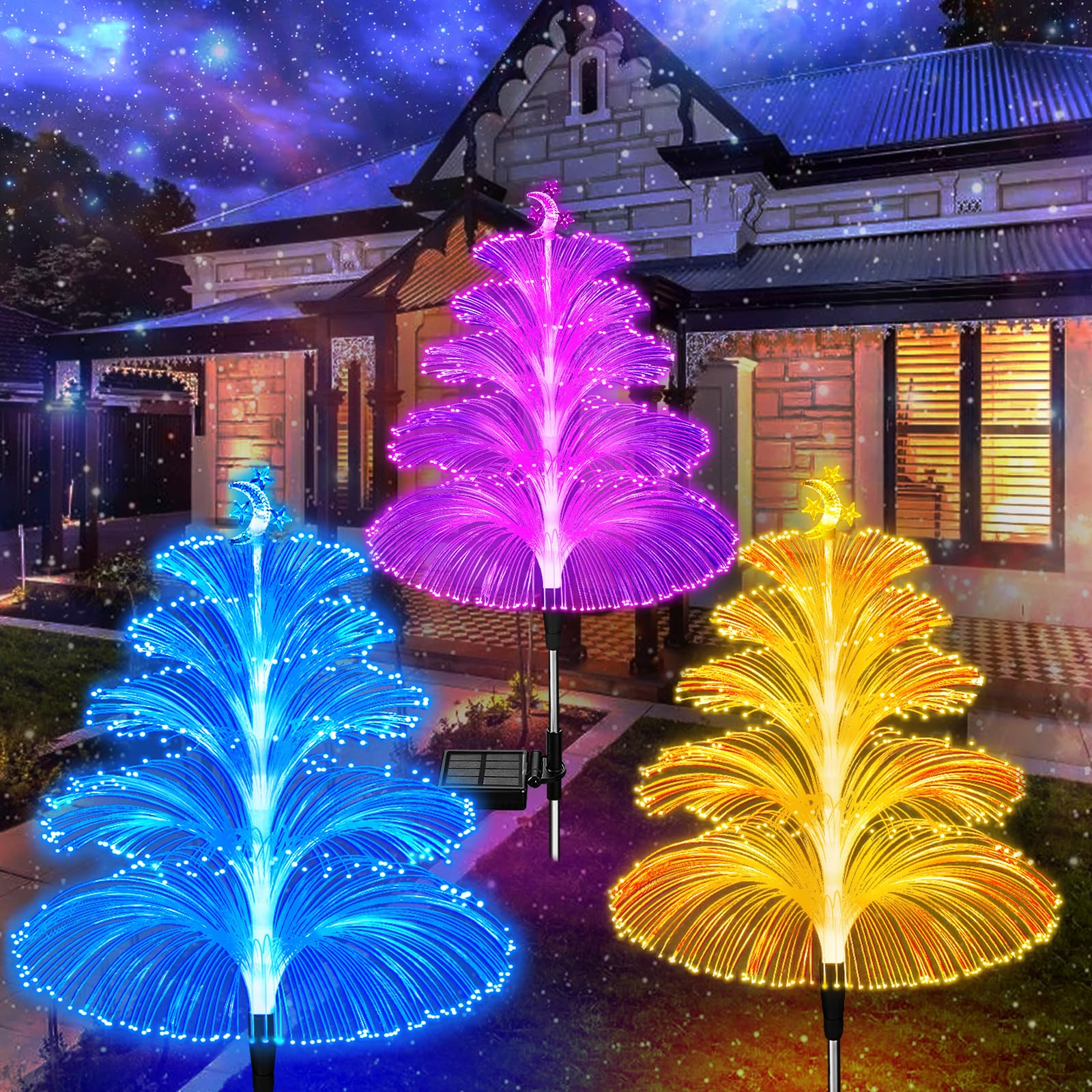Weitexs Solar Christmas Tree Lights Decorations Outdoor Waterproof 5 Layer Optical Fiber 7 Color Changing For Yard Pathway Outside Decorative Christmas, 3 Pack