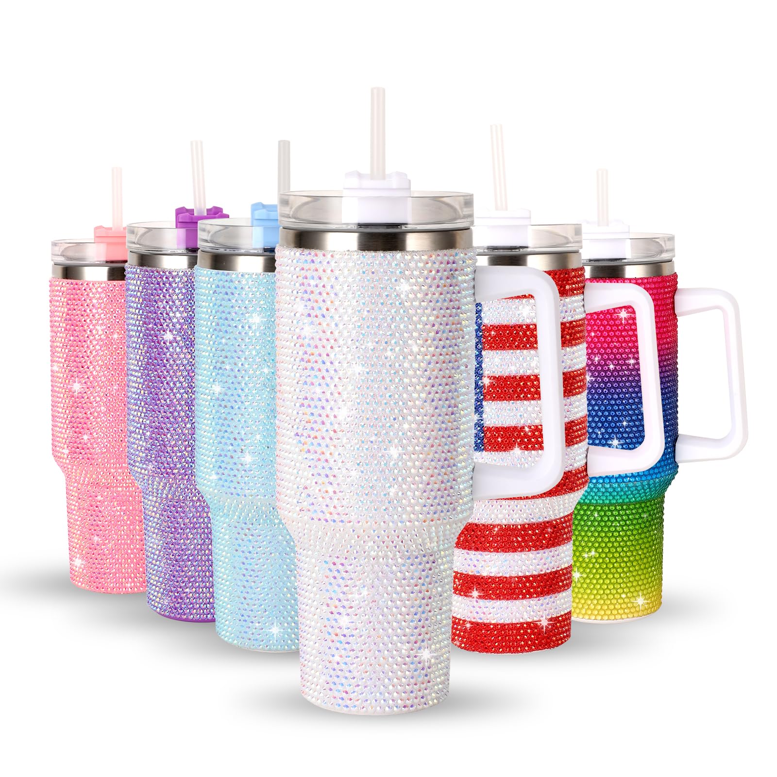 40Oz Bling Tumbler With Handle Studded Rhinestone Tumbler Glitter Cups With Lid Stainless Steel