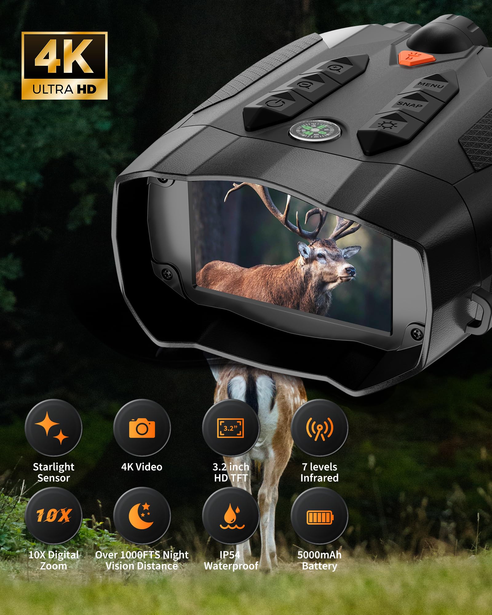 Mildhug Night Vision Goggles -4K Night Vision Binoculars with, 10X Zoom, External Tactical Light & Compass, 5000mAh Fast Charging, 32G Card, Record Video & Photos, Camping Hunting, Black