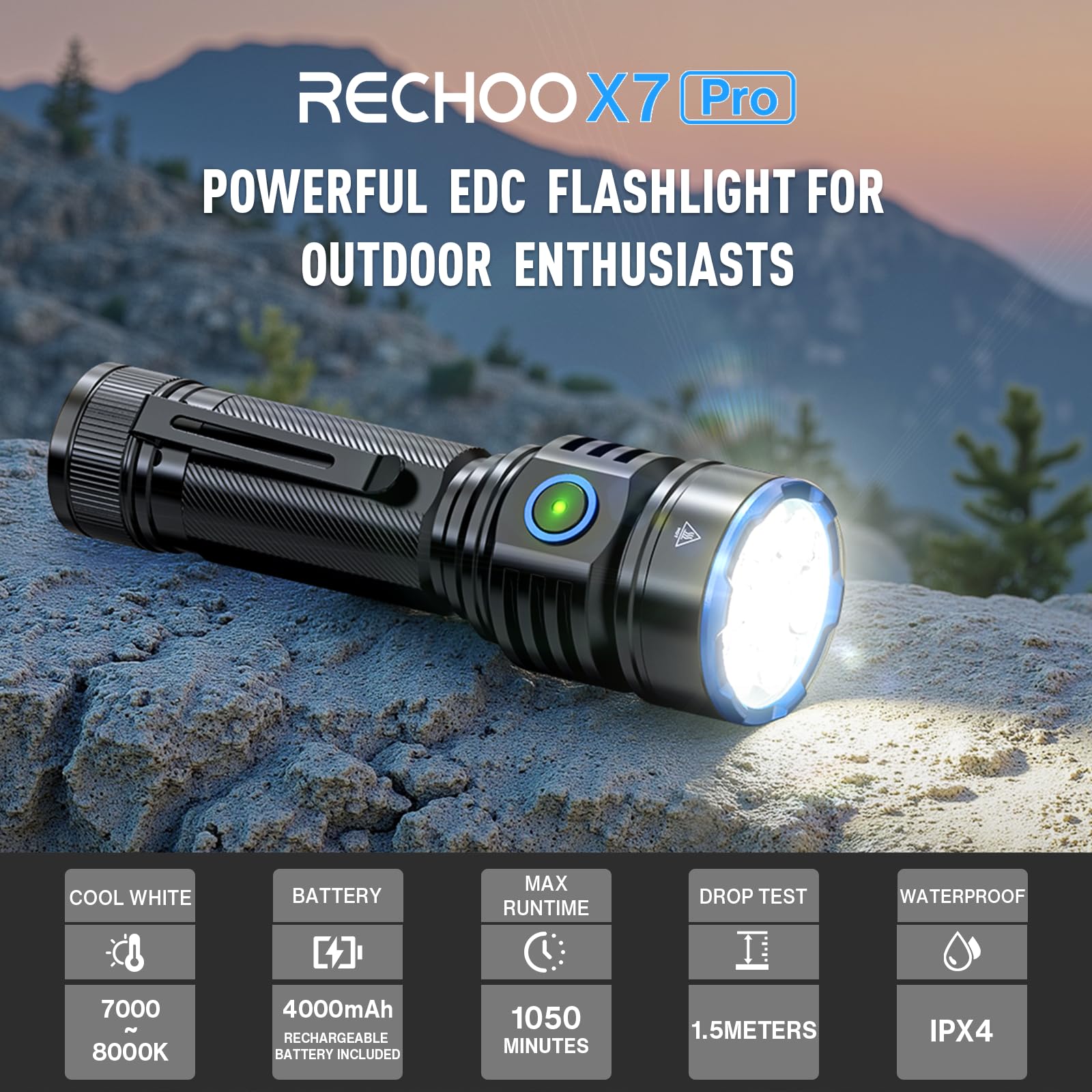 Rechoo Rechargeable Flashlights, X7 Pro Super Bright Flashlight 2000 High Lumens, High Powered With 3 Lighting Modes & Customizable Brightness Modes, Waterproof For Emergencies, Camping, Home (Black)