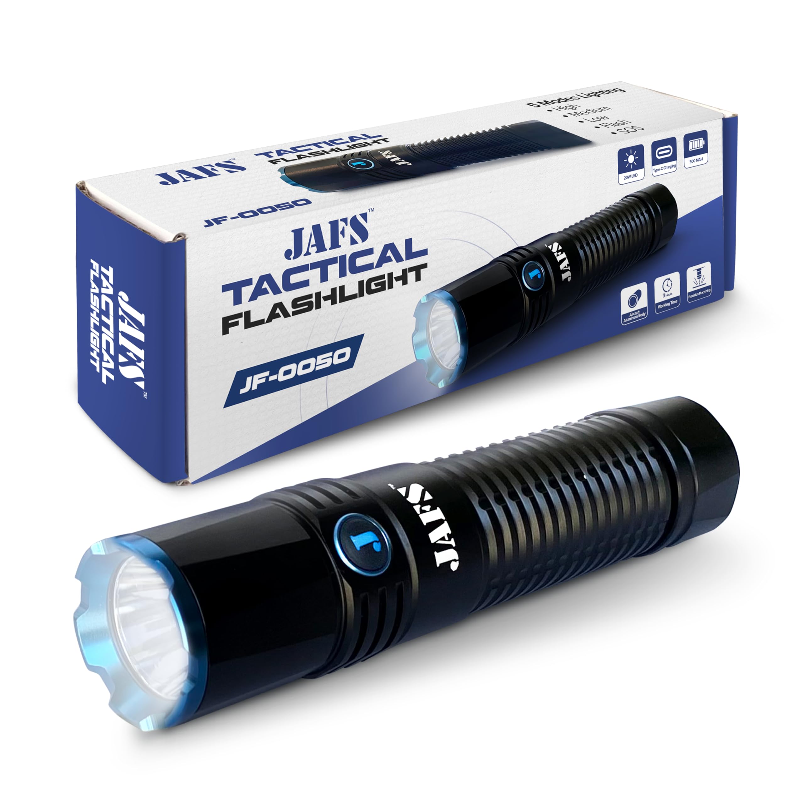 Jafs Utility Flashlight High Lumens With Rechargeable Battery, Super Bright Water-Proof Led Flashlight With 5 Modes For Emergency, Camping, Hiking