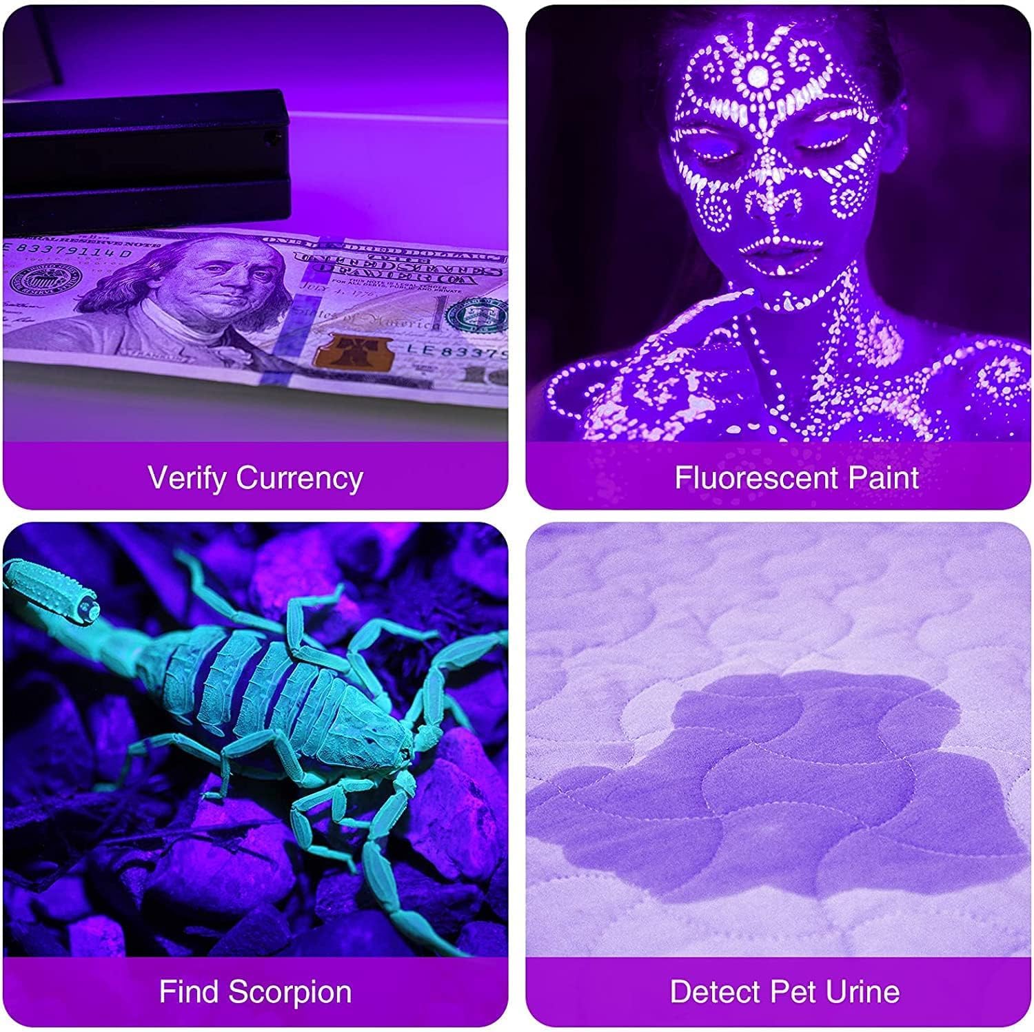 Cosoos 2 Pack Black Light Flashlights, 12 Led Small Uv Light 395Nm, Handheld Urine Detector Light For Dog Cat, Dry Stains, Resin Curing, Bed Bug, 6 Aaa Batteries Included(Silver)