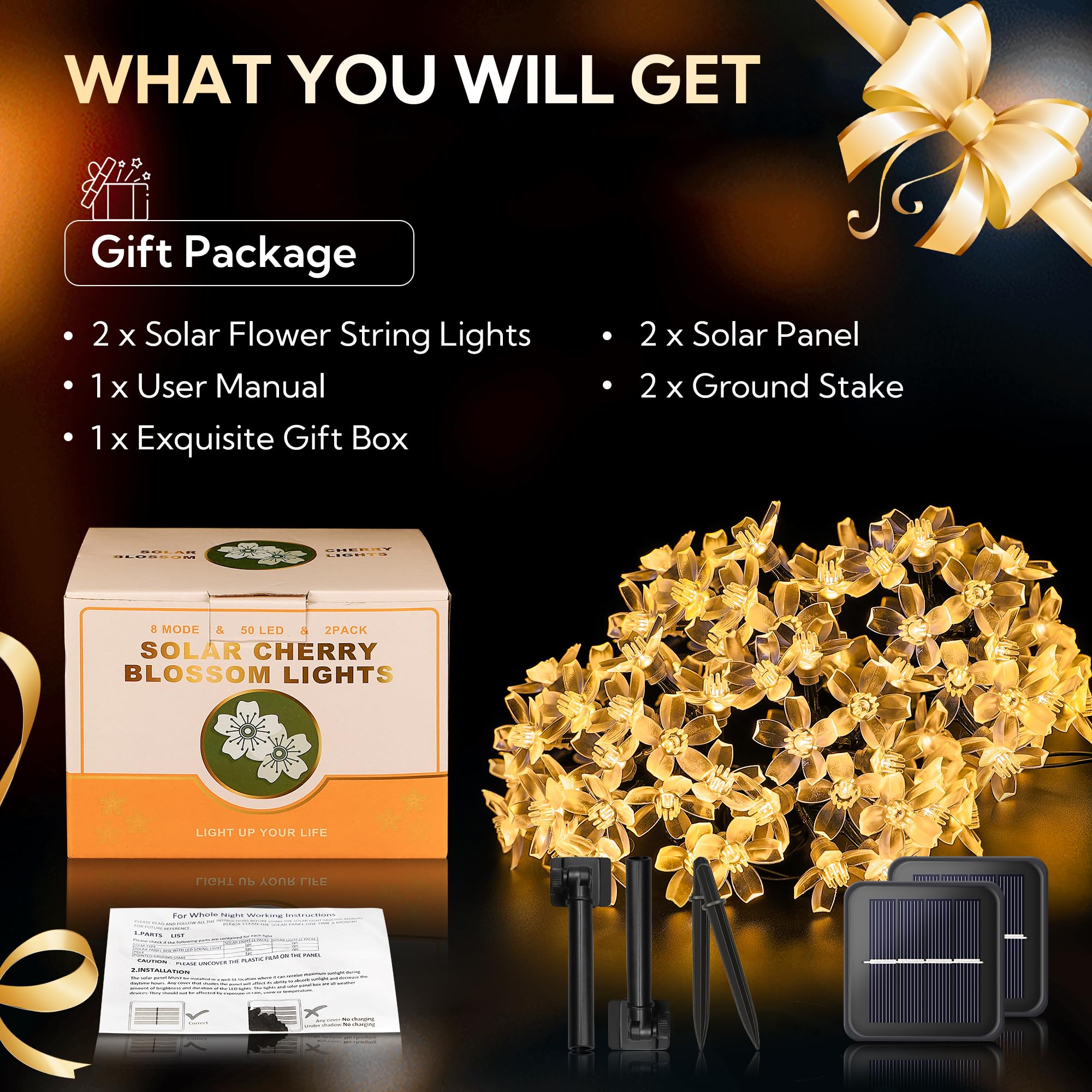 Oopswow Solar Flower String Lights,2Pack 50 Led Solar Fairy Light Outdoor Waterproof,Cherry Blossoms String Lights For Fence Patio Yard Christmas Tree,Lawn,Patio,Garden Decoration(Warm White)