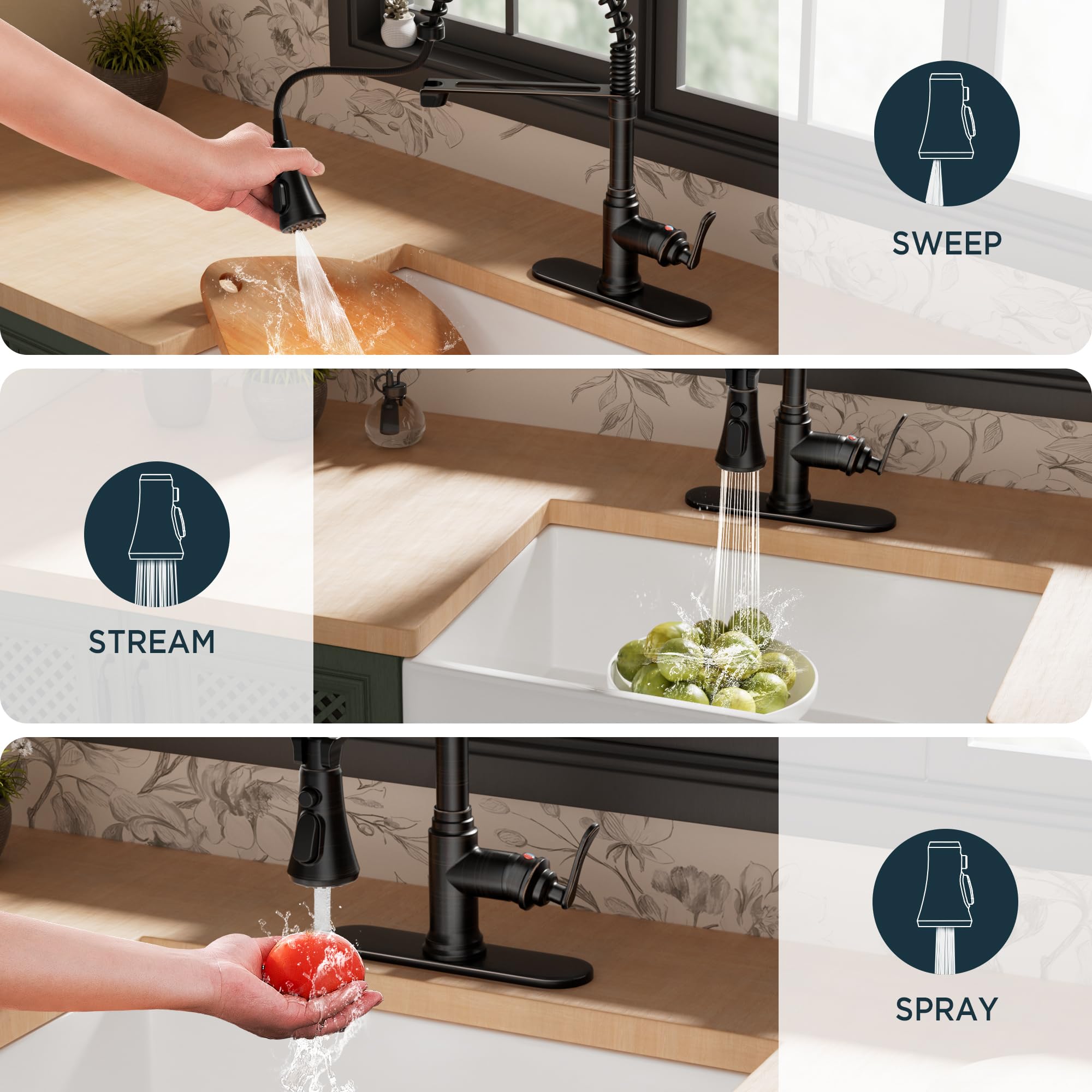 Forious Vintage Kitchen Faucet With Pull Down Sprayer Oil Rubbed Brown, 3 Modes Stainless Steel High Arc Rustic Spring Sink Faucet 1 Or 3 Holes For Farmhouse Camper Rv Wet Bar