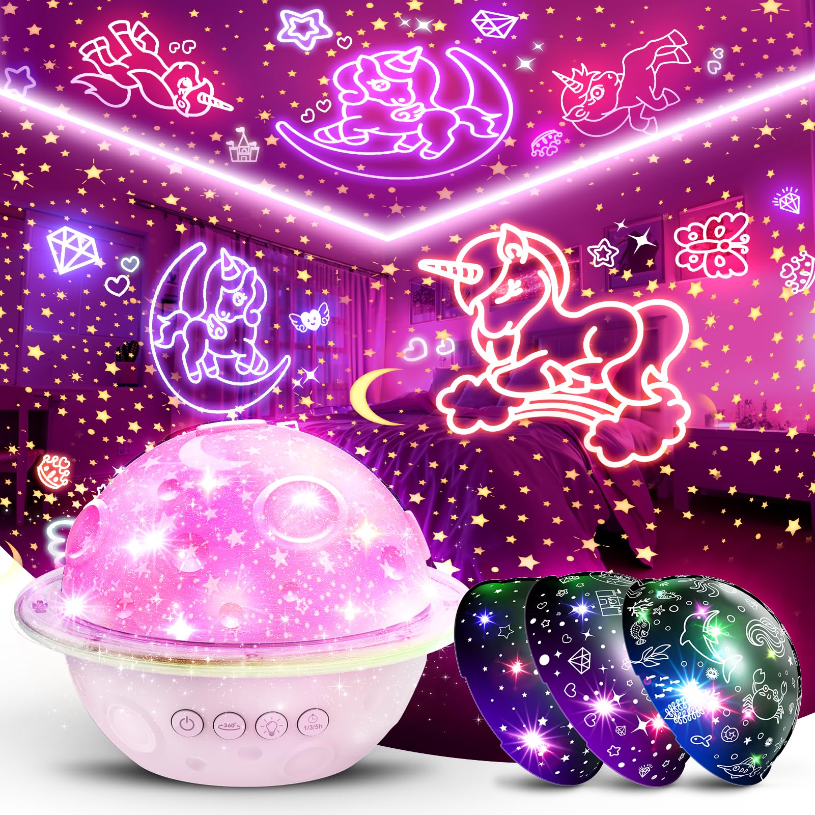 Devrnez Unicorns & Sea & Star Night Lights Projector For Kids: 4 In 1 Star Projector Toys  For 3-5 5-7 8-12 Year Old Girl, Planet Night Light For Bedroom Decor, Birthday  For Girls