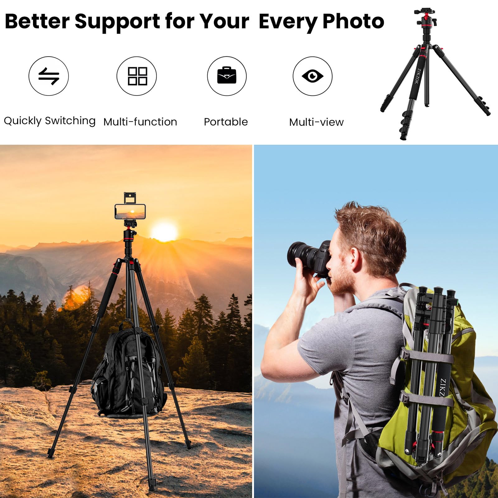 Zikzok 70" Tripod For Camera, Professional Aluminum Camera Tripod & Monopod With 360° Ball Head, Adjustable Lightweight Travel Tripod For Phone,Dslr,Tablet With Carry Bag