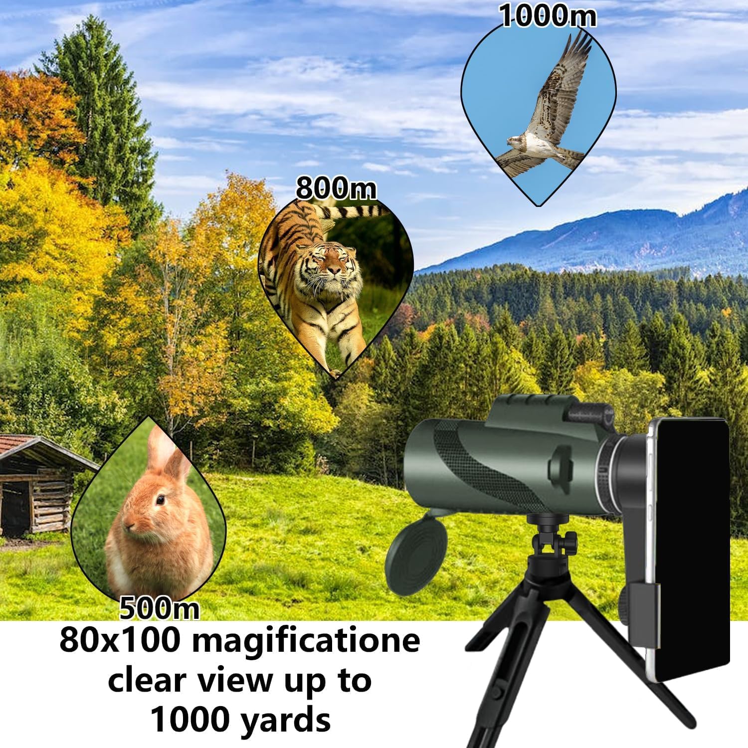 Asxmhgo Monocular-Telescope 80X100 High Powered For Adults Monocular For Smartphone Adapter Telescope Hunting Wildlife Bird Watching Travel Camping Hiking-Green