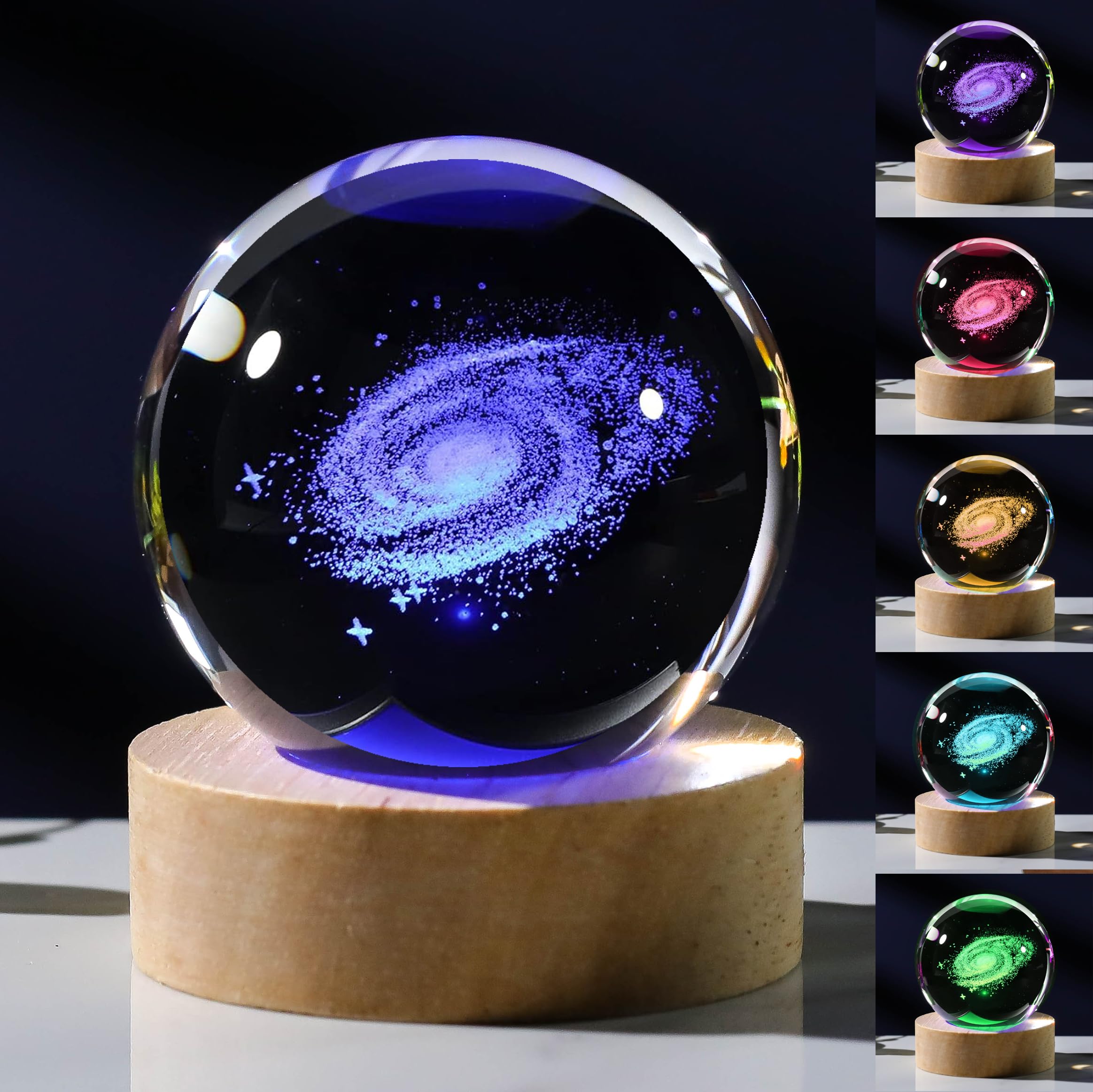 Precious Memorial 3D Galaxy Crystal Ball Night Light With Remote  2.36 Inch Galaxy Planets Glass Ball Lamps With 16 Color Led Wooden Base For Birthday, Astronomy Space Universe  For Boys Girls
