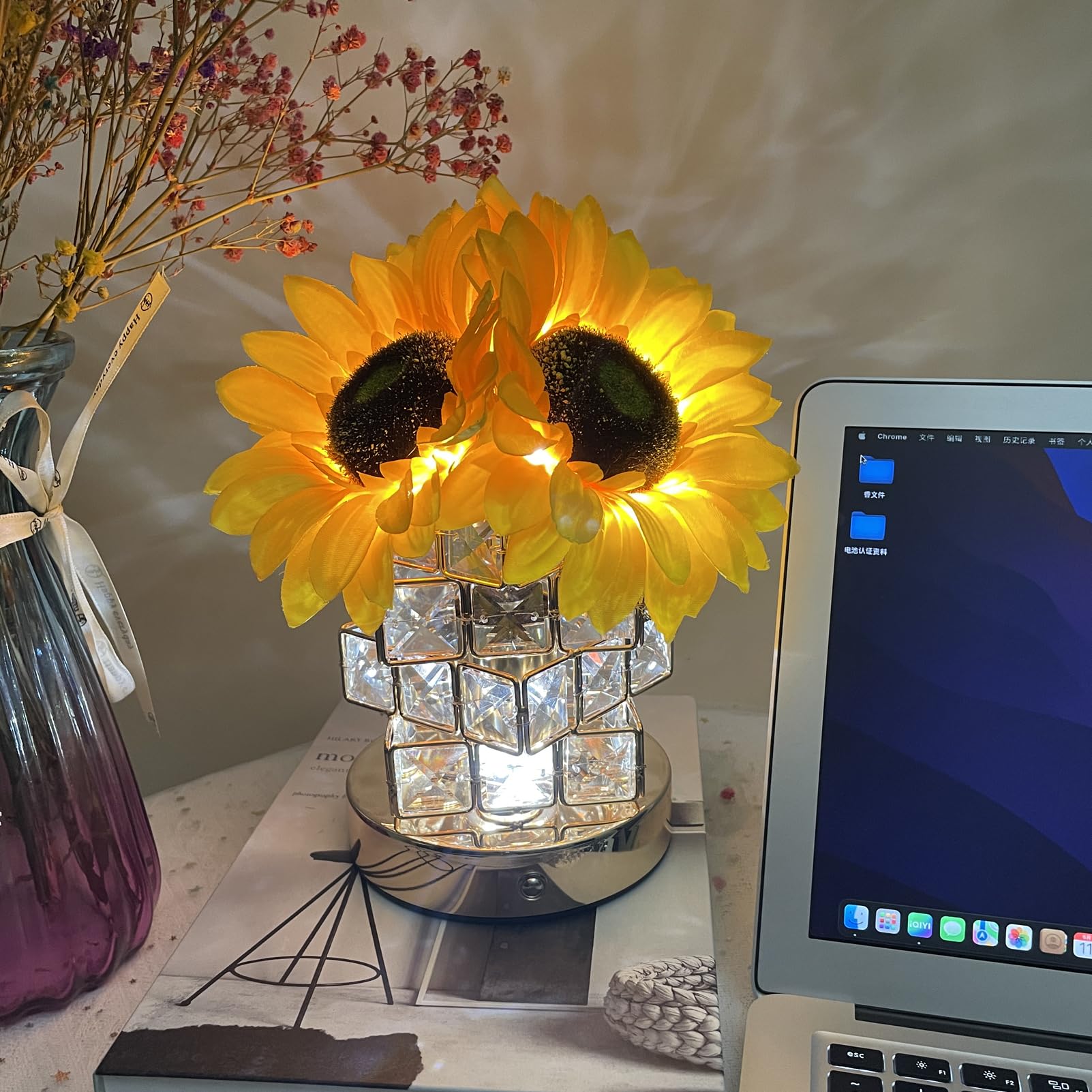 Yunbiaosen Sunflowers Flower Lamp,3-Colour Infinitely Dimming Small Night Light,Rechargeable Cordless Touch Table Lamp,Home Office Decor Birthday For Women Mom (Crystal Magic Cube Sunflower)