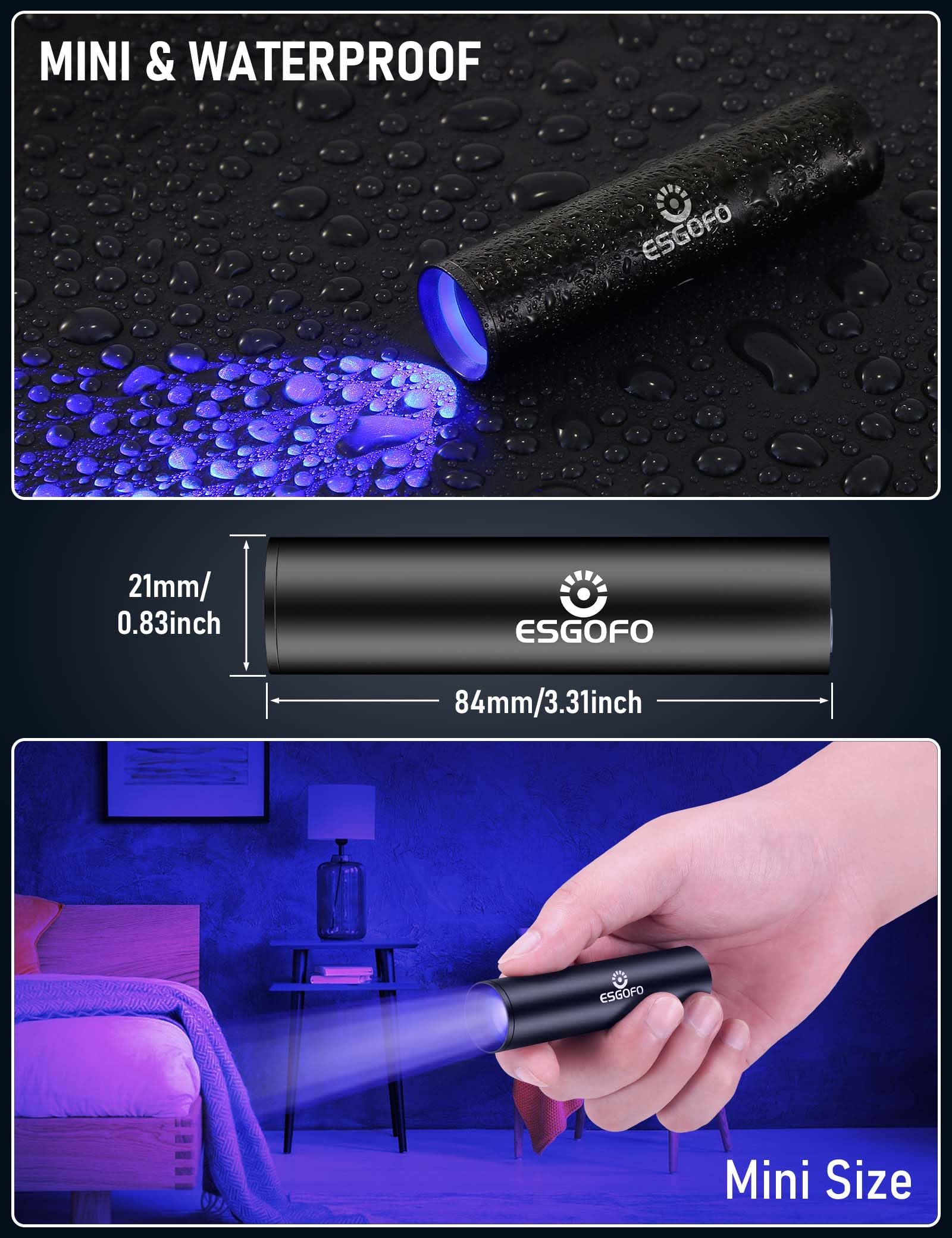Esgofo 365Nm Uv Flashlight Mini, Ultraviolet Small Black Light Flash Lights Usb C Rechargeable, Portable Handheld Led Blacklight For Pet Urine Detection Scorpion Resin Curing
