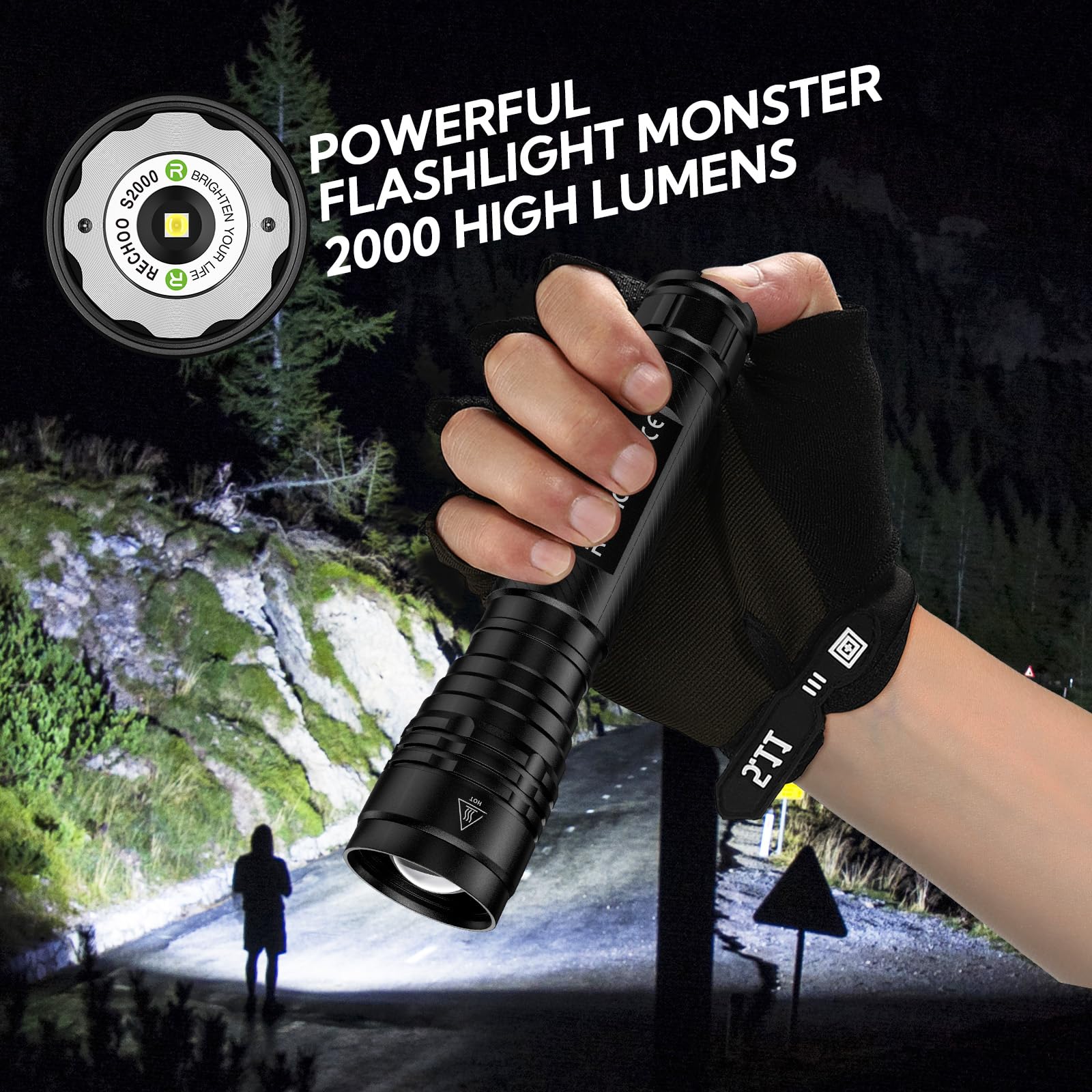 Rechoo S2000 Led Flashlight High Lumens, Super Bright, Powerful, Mid-Size Utility Flashlight With 3 Modes, Zoomable, Water Resistant Flashlights For Home, Emergencies, Camping, Outdoor Use