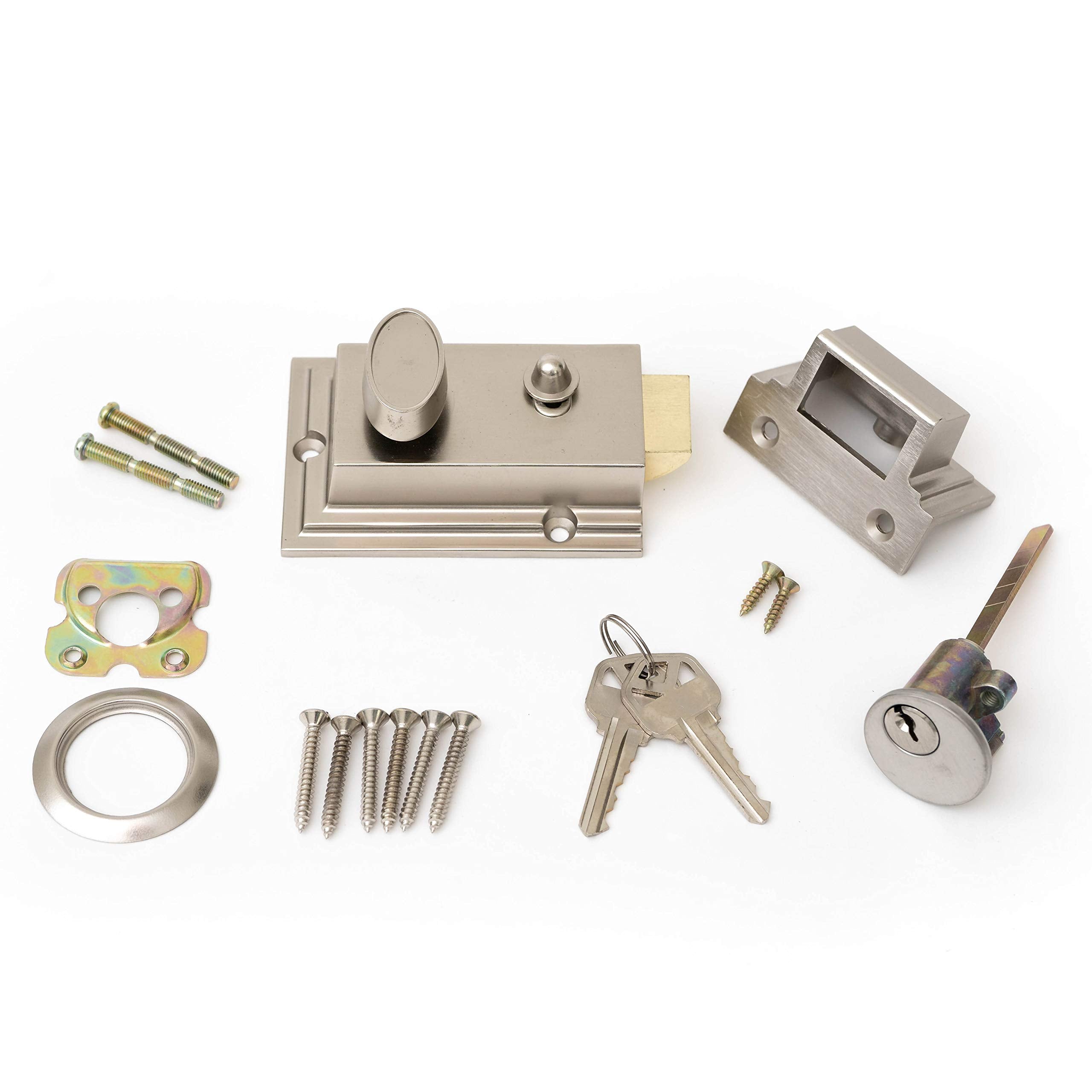 Defiant Satin Nickel Deadbolt Lock With Night Latch, Holdback Button Single Cylinder Rim And Two Keys - Heavy Duty Defender Security Door Lock Hardware