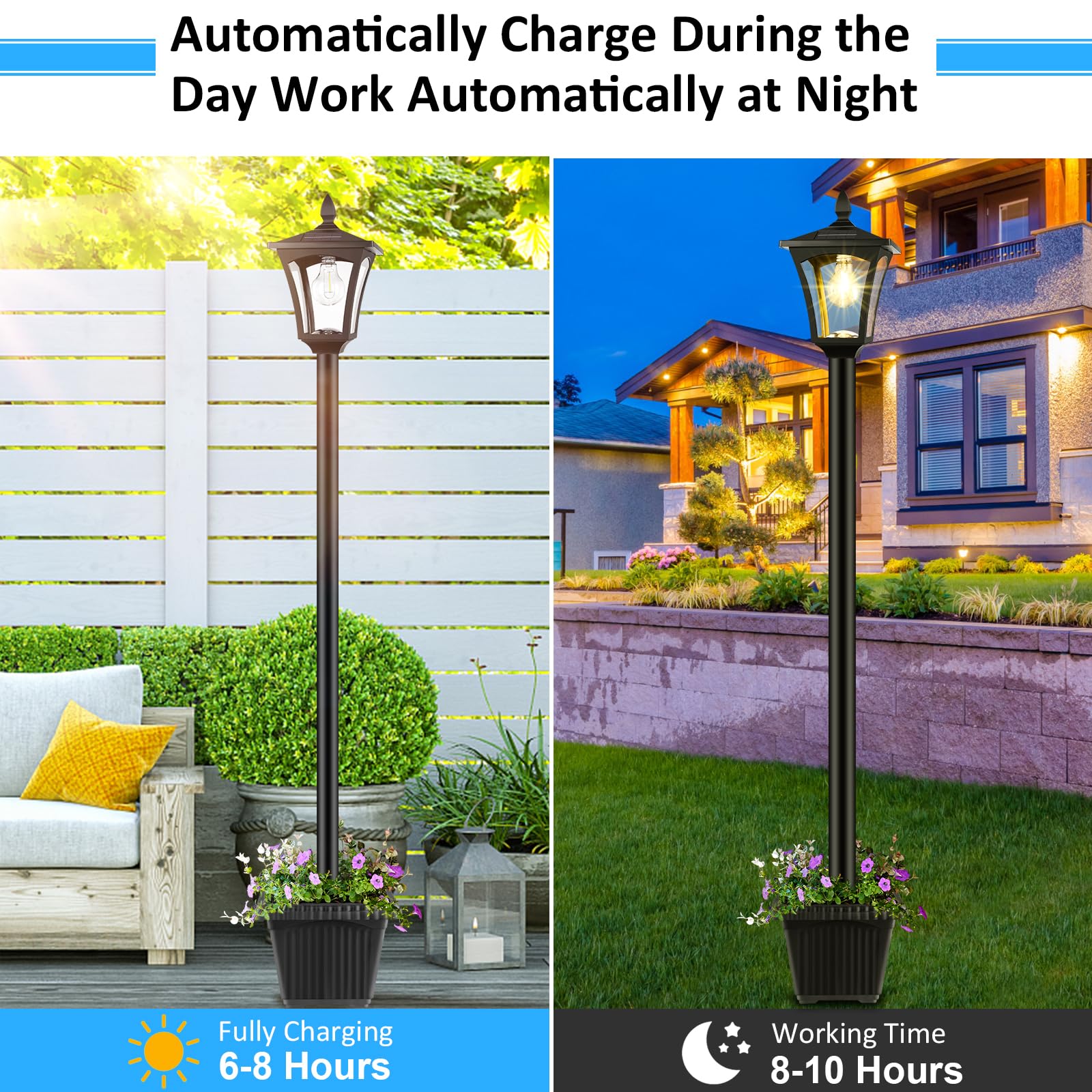 Derynome 72" Solar Outdoor Light With Planter, Waterproof Solar Post Lamp, Garden Lights For Backyard, Pathway, Patio, Lawn, Driveway Decor