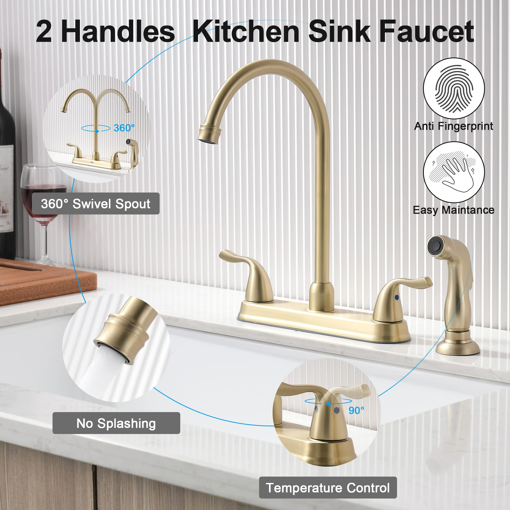 Fropo Gold Kitchen Faucet With Side Sprayer - 2 Handle 8 Inch 3 Or 4 Hole Modern Brass Matte Gold Faucet Set With High Pressure Sprayer & Supply Lines