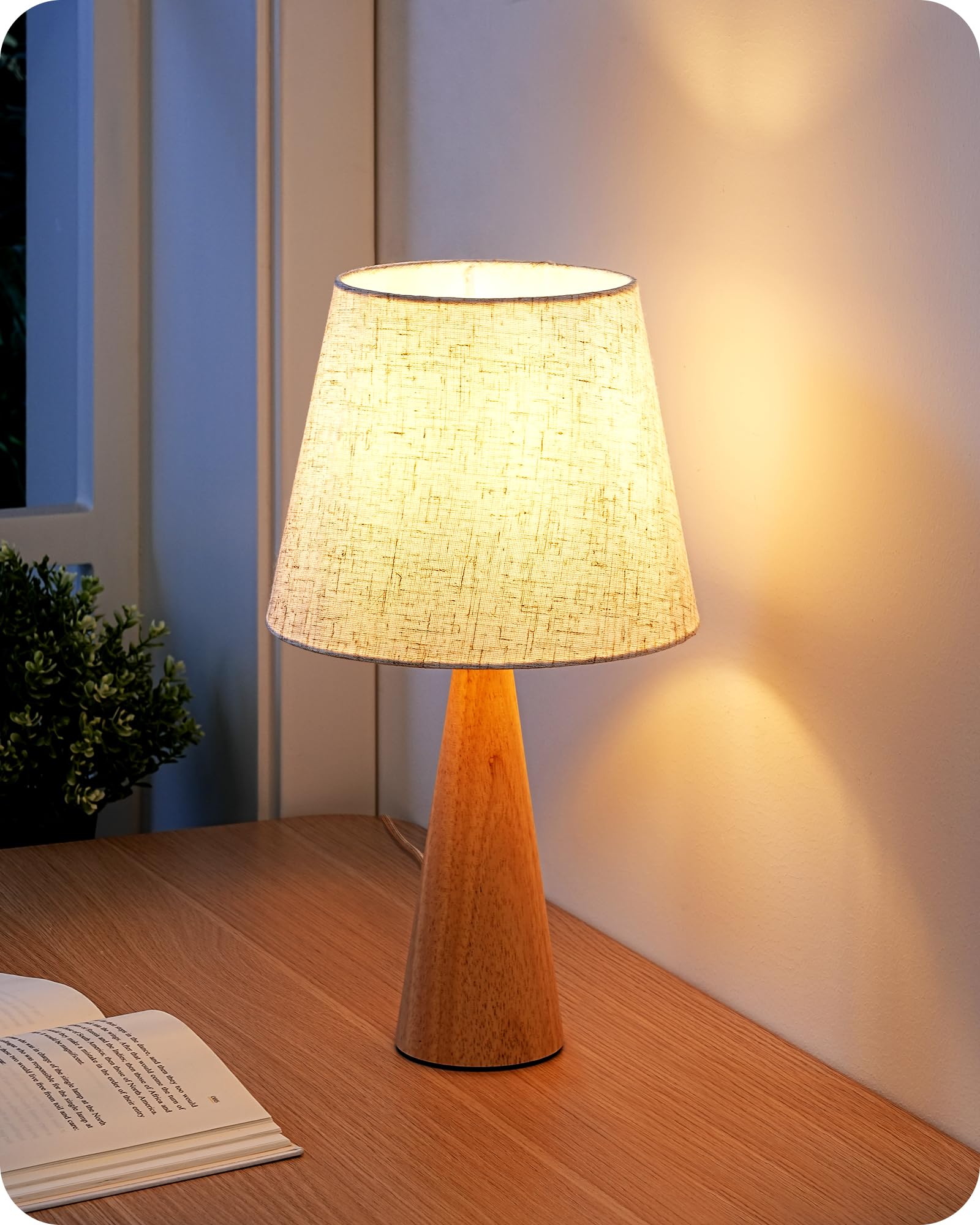 Edishine 13.58" Small Cute Table Lamp, Wooden Base Bedside Lamp With Beige Linen Lampshade, Space-Saving Nightstand Lamp For Nursery Bedroom Living Room, E26, On-Off Button, Burlywood Base