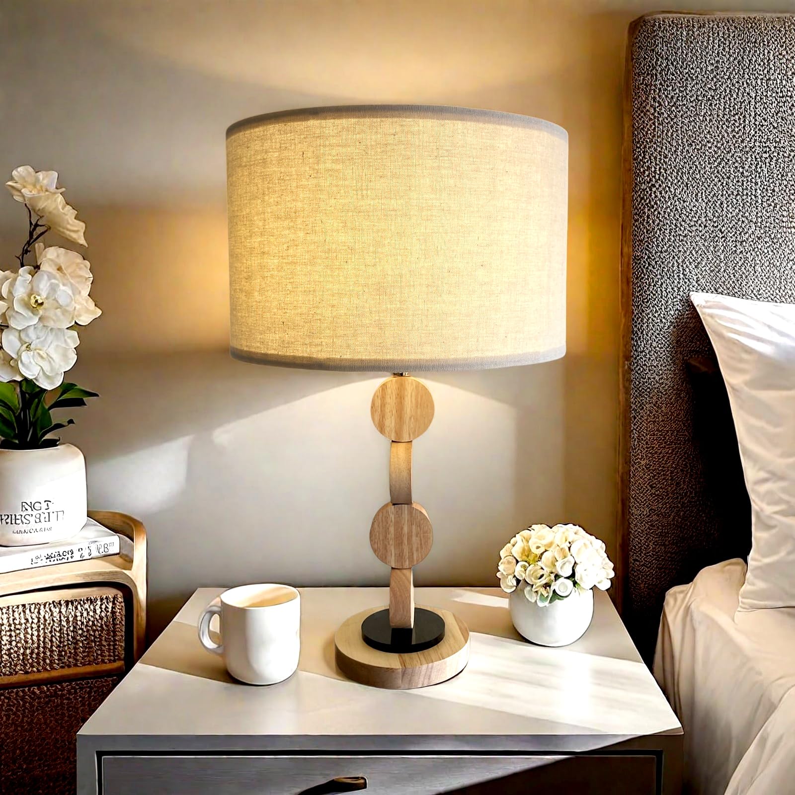 Jingoe 18.8" Modern Wooden Table Lamp Set Of 2, Solid Wood Modern Living Room, Nightstand Bedroom Farmhouse Table Lamp, Linen Lampshade (Includes 2 Bulbs)