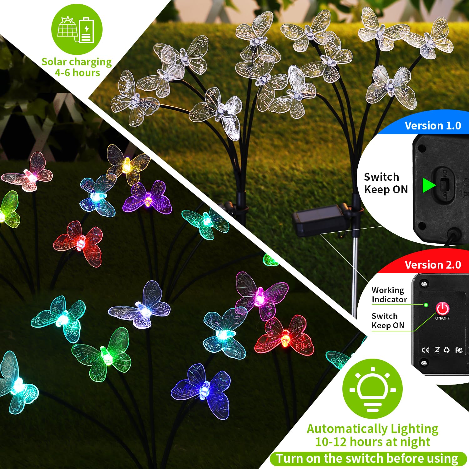 Zrjnled Solar Outdoor Lights Waterproof, Garden Butterfly Lights 7 Color Changing, Sway By Wind, For Patio, Flower Beds, Garden, Backyard, Fence, Walkway, Party, Wedding, Xmas (Colour, 2 Pack Butterfly)