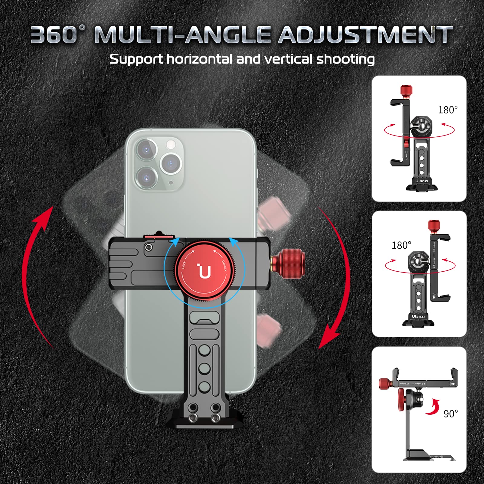 Ulanzi St-14 Phone Tripod Mount, Phone Holder For Tripod Aluminum, 360° Smartphone Tripod Mount W Cold Shoe, Adapter For Iphone 16, 15, 14, 13, 12, 11, Max, Pro, X, Xr, Xs, 6, 7 Plus