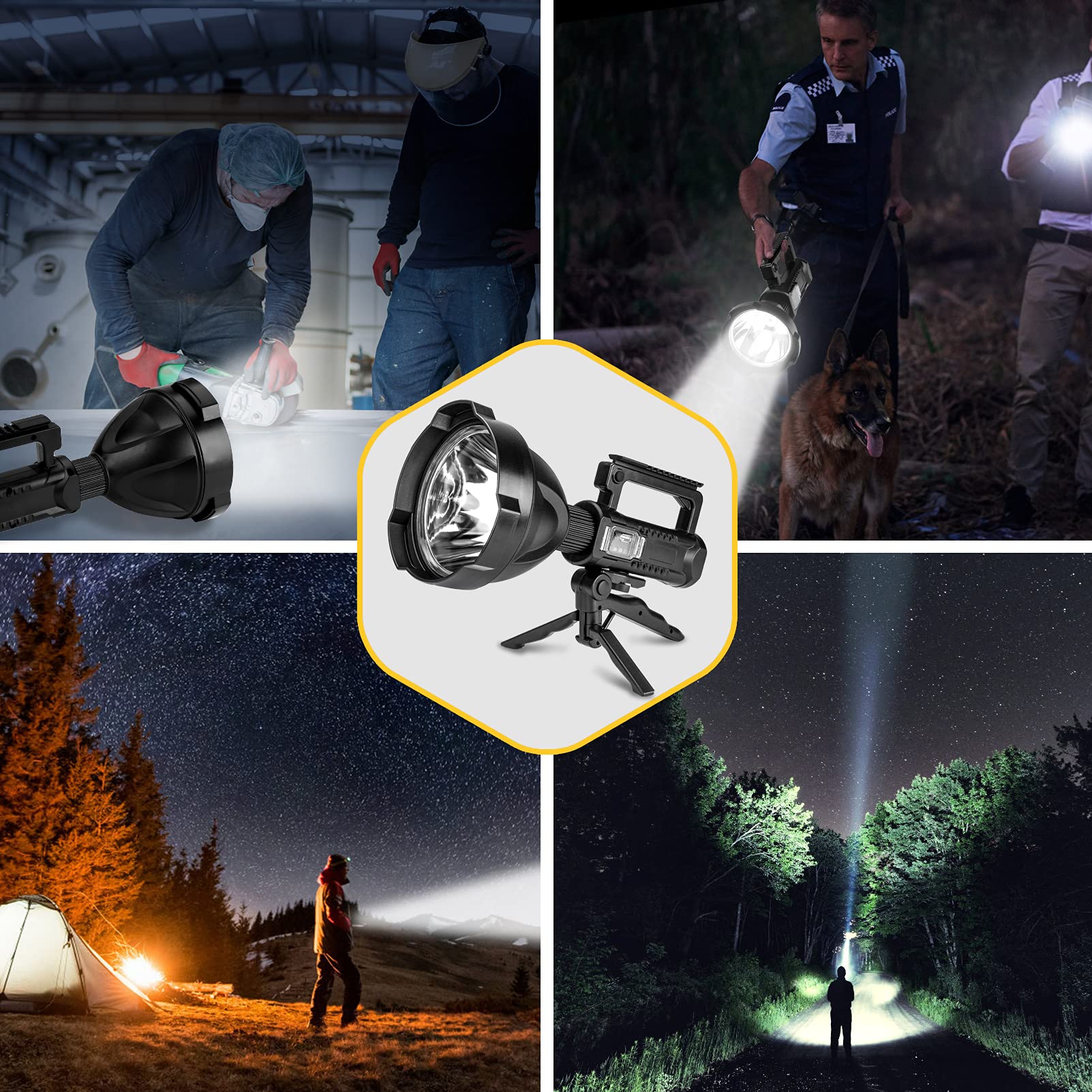 Yongkist Super Bright Rechargeable Led Spotlight,Handheld Tactical Flashlight 4 Modes High Power Portable Waterproof Searchlight For Outdoor Tripod, Adpater And Usb Cable Included