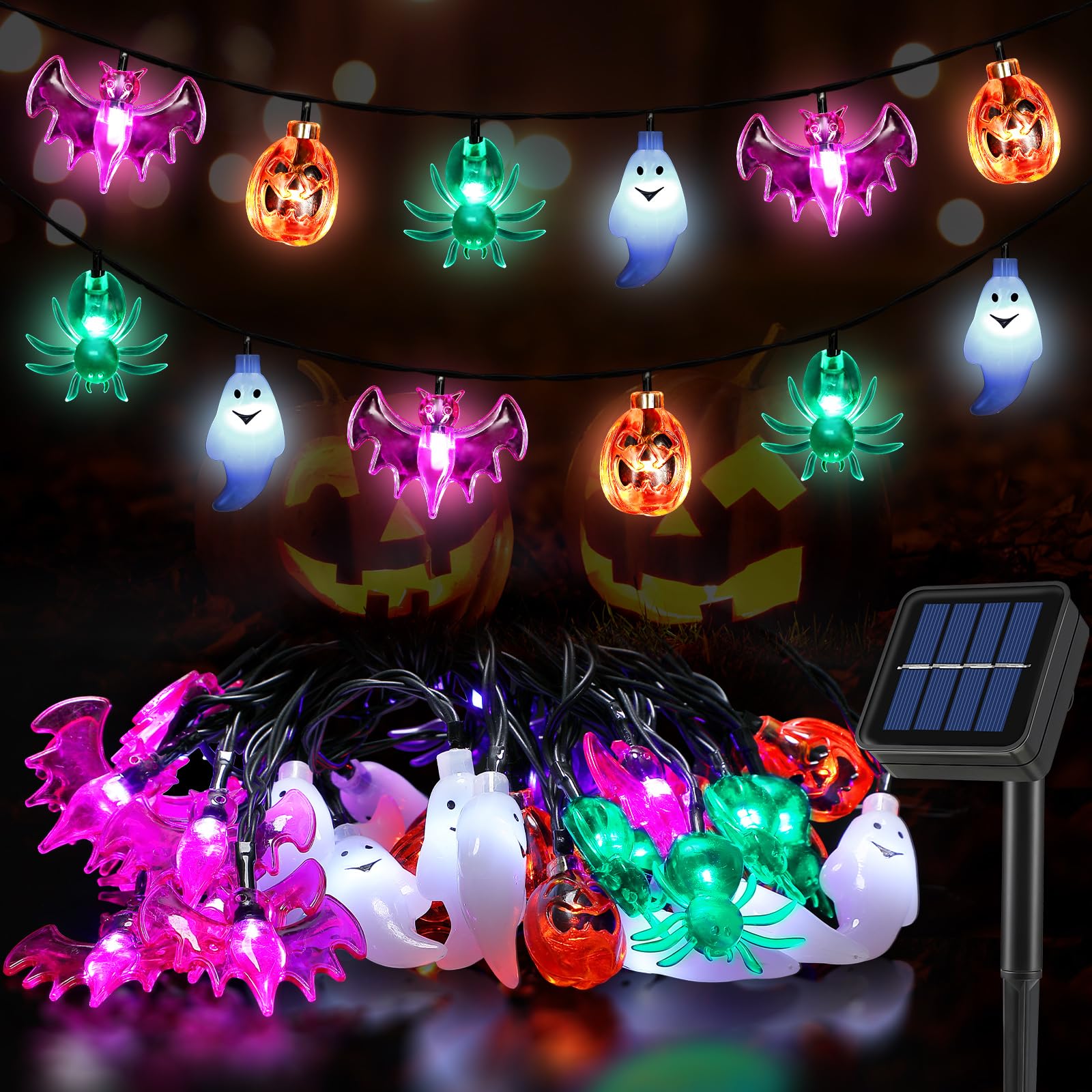 Enhon Halloween Lights, 26 Ft 40Led Solar Halloween Pumpkin Bat Ghost Spider Lights For Decoration, Ip44 Waterproof Lights With 8 Modes For Garden(Orange, Cool White, Green, Dark Purple,1 Pc)