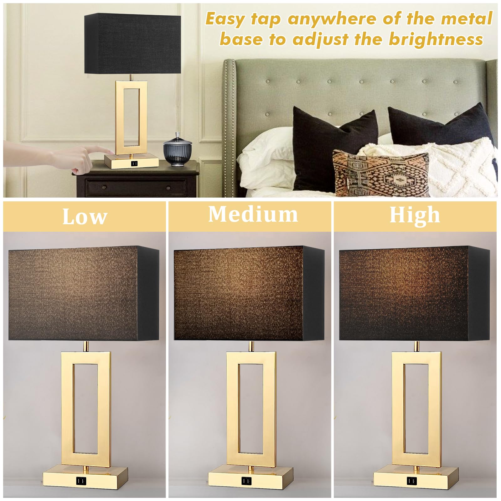 Gernehop Black Table Lamps Set Of 2 With Dual Usb Ports,3-Way Dimmable Touch Control Bedside Lamps,22Inch Tall Modern Bedroom Table Lamp For Living Room,Nightstand Led Bulbs Included