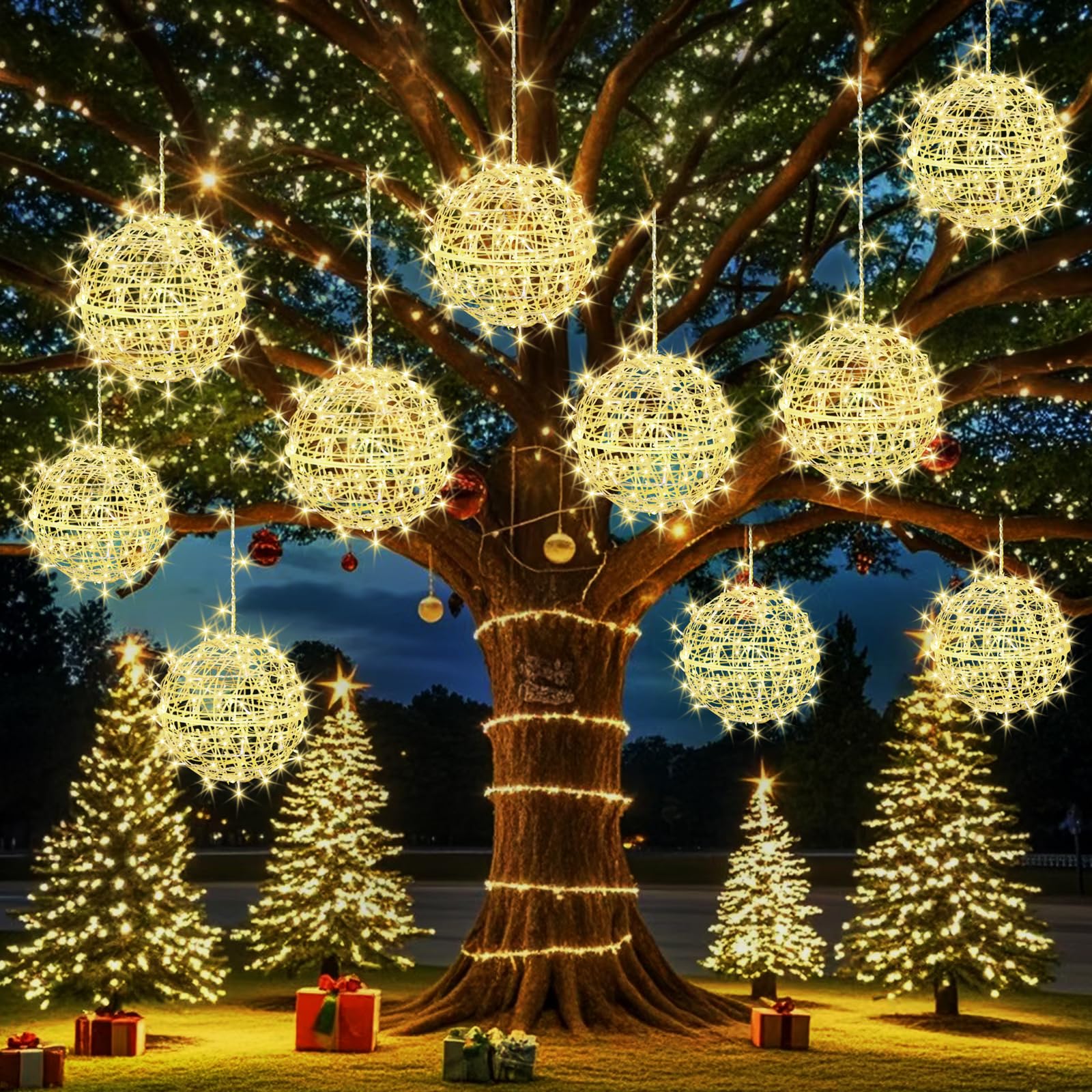 Jnoec Outdoor Balls Lights Hanging Tree Garden Lights - 4 Pack 11.8" Sphere Lights With Plug In Globe Lights Trees Garden Lights For Party Wedding Yard Garden Porch Patio Decoration(Warm White)