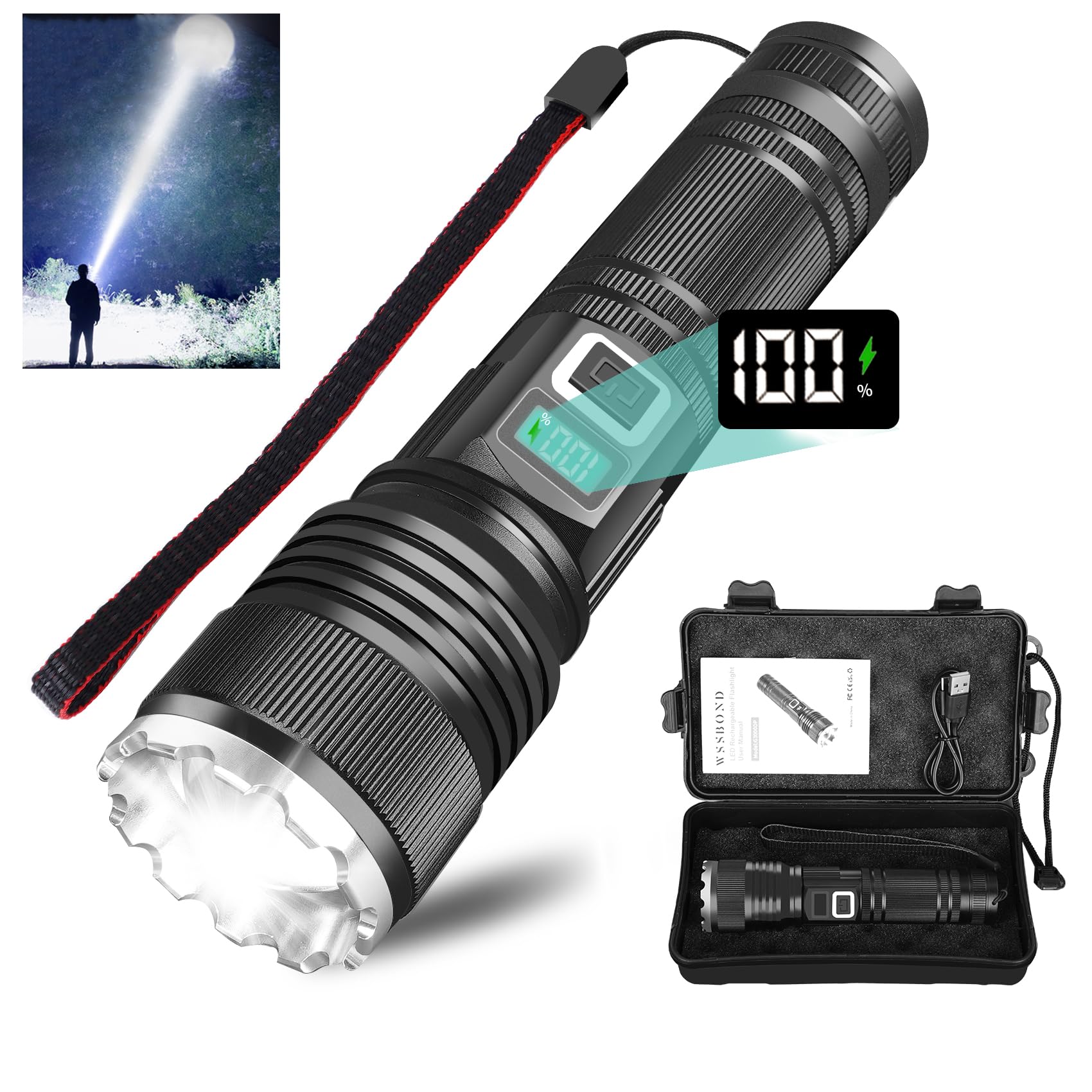 Wssbond Rechargeable Flashlights High Lumens, 30000Lm Super Bright&Long-Range Flashlight With Lcd Power Display, 20H Long Lasting 5 Modes Zoomable&Waterproof Spotlight Flash Light For Home Camping Searching