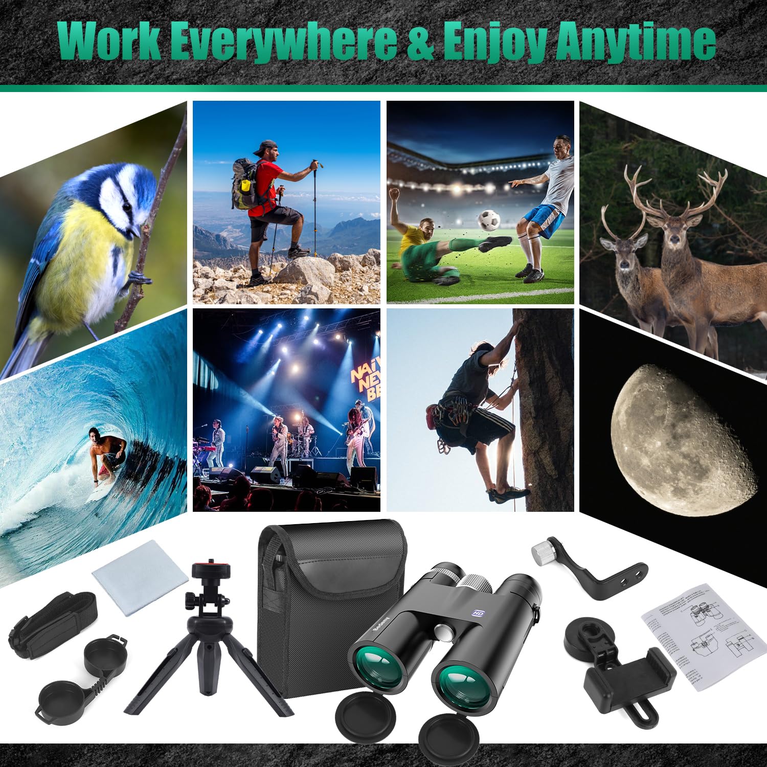 Bedeny 18X50 Hd Binoculars For Adults With  Phone Adapter, Tripod And Tripod Adapter - High Powered With Super Bright And Large View For Bird Watching,Hunting,Travel