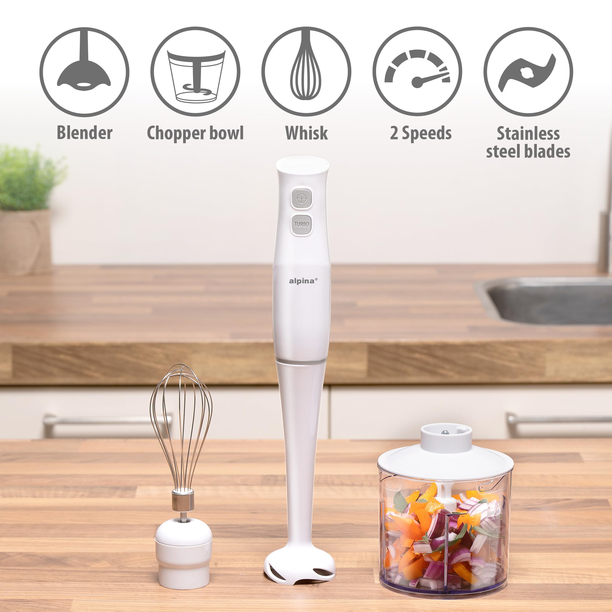 Alpina Hand Blender With Accessories, Mini Chopper, Blender, Arm, Blender, Multifunction 400W, White