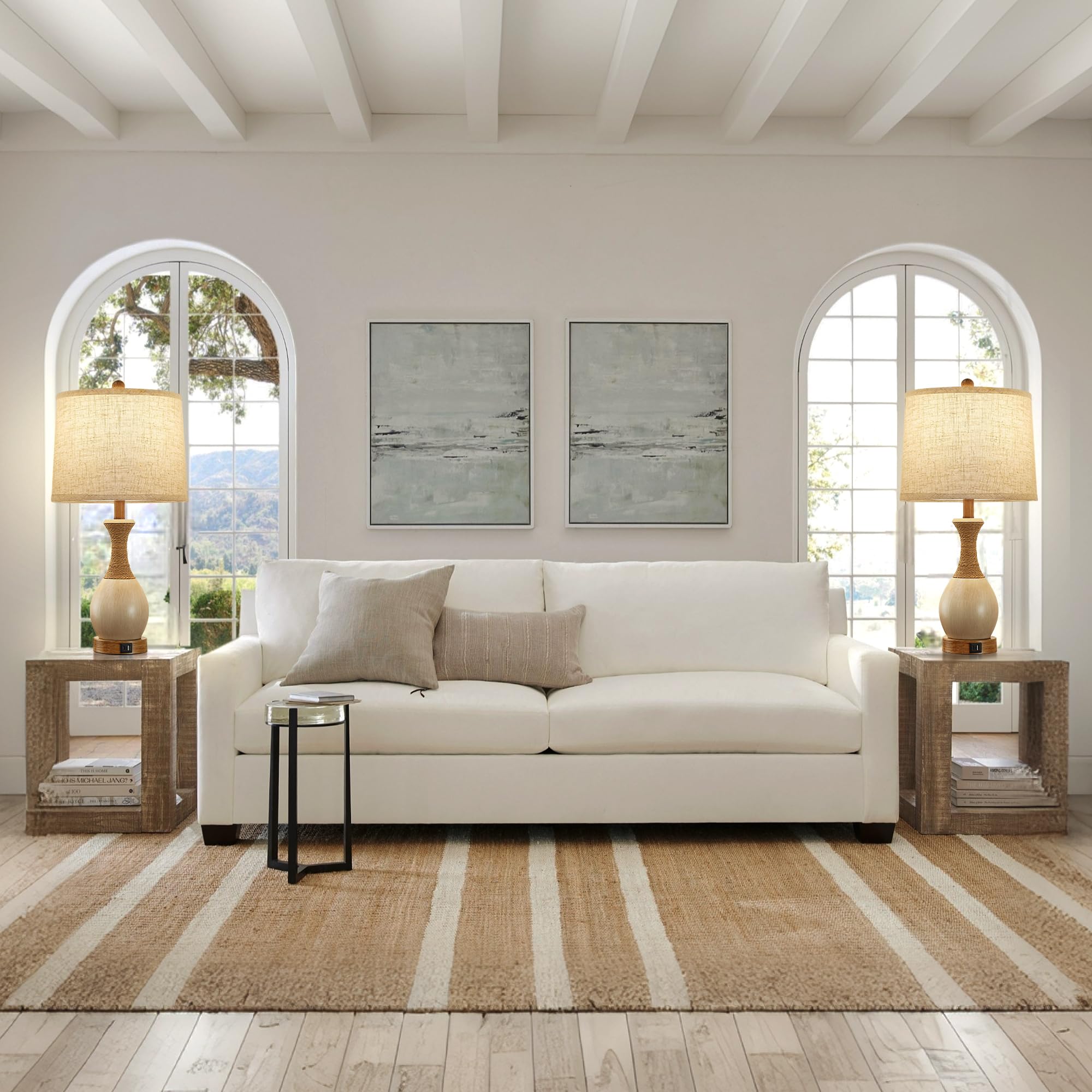 Ejiaxin Table Lamp For Bedroom Set Of 2 - Bedside Table Lamps With 3 Color Temperatures - Boho Rattan Lamps For Nightstand With Usb A+C Charging Ports Farmhouse Living Room Lamp Bulb Included